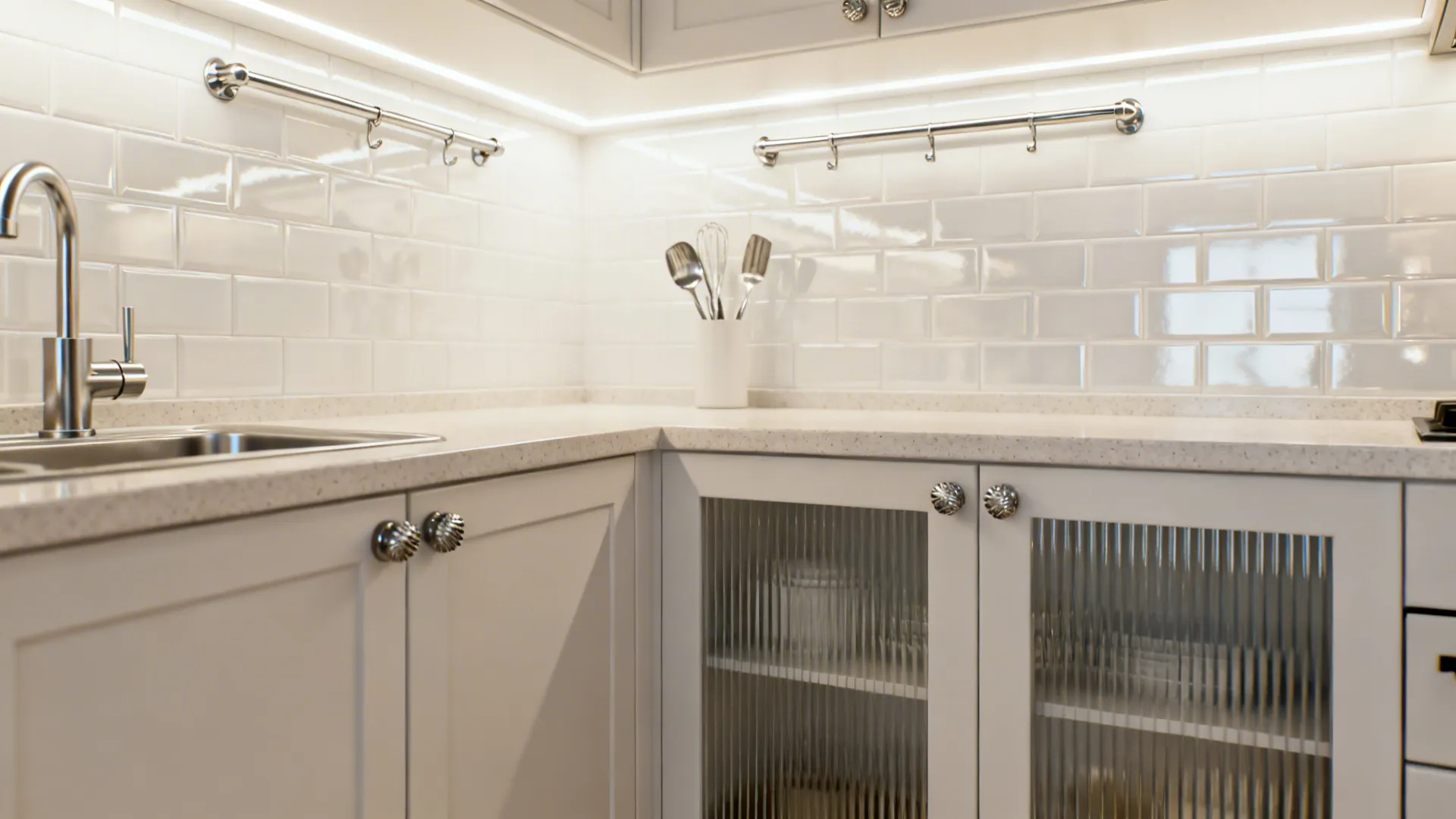 Bright compact kitchen with satin quartz, pearl tile backsplash, and brushed nickel accents that amplify light.