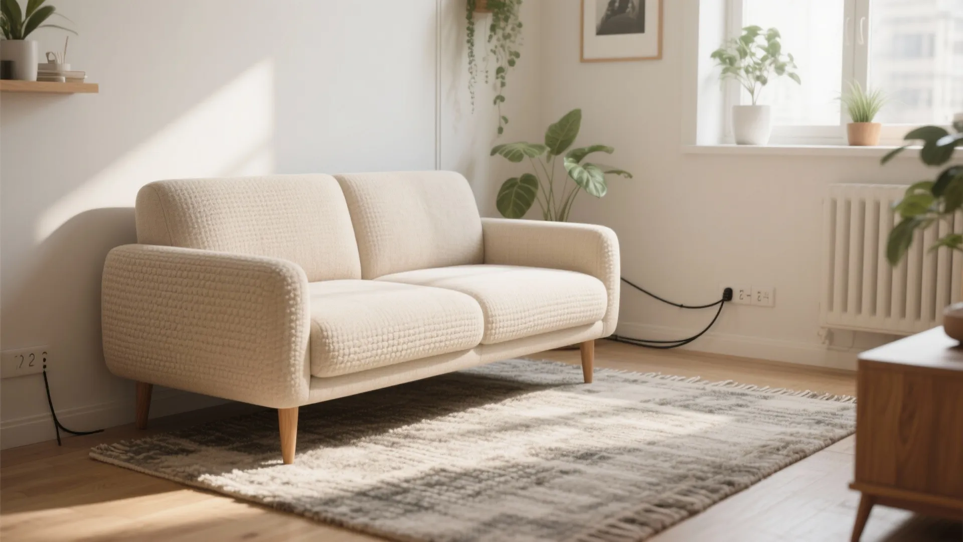 Light oatmeal fabric sofa with oak legs brightens a small living room with soft daylight.