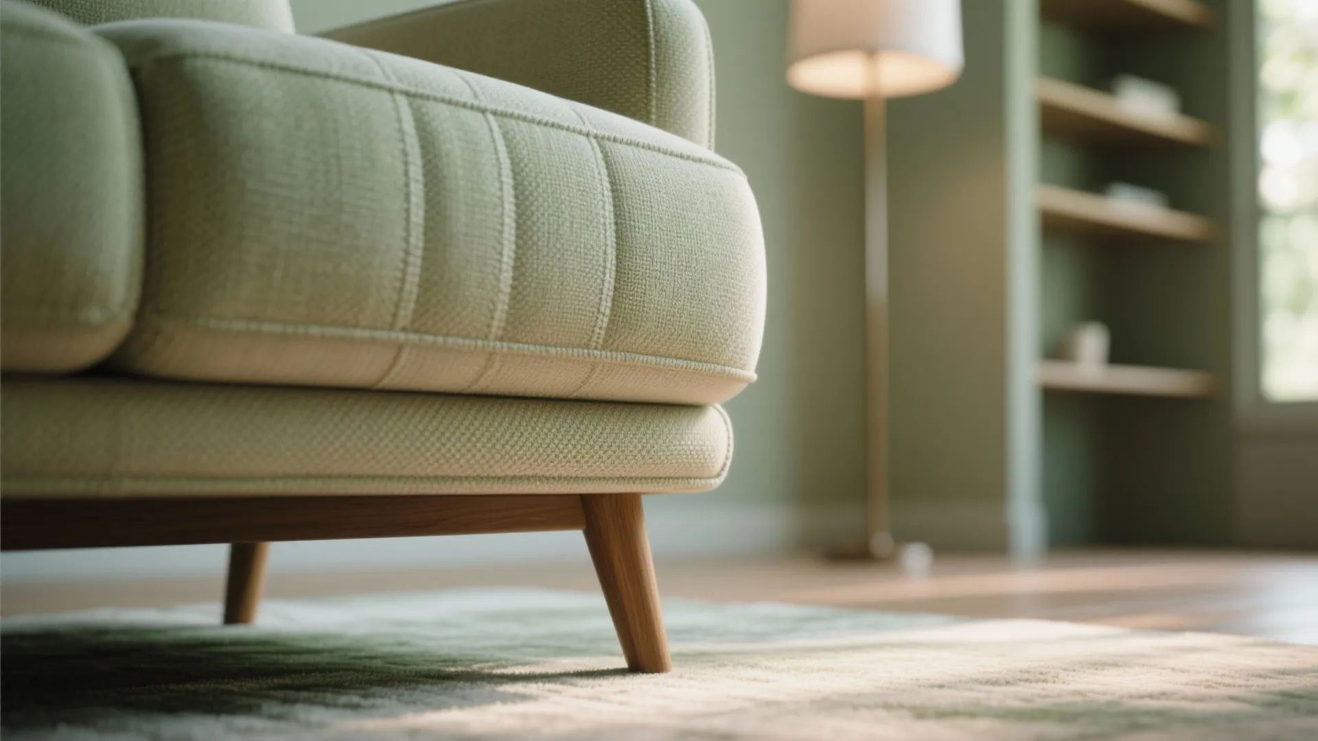 Close up of a green fabric sofa with wooden legs on a rug in a room
