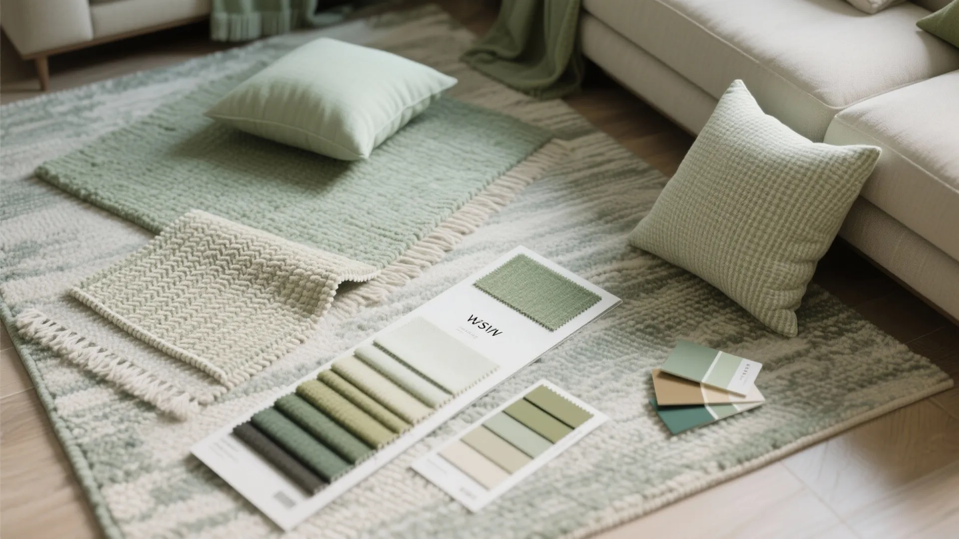 Green fabric samples and color palette lying on a textured rug next to matching pillows