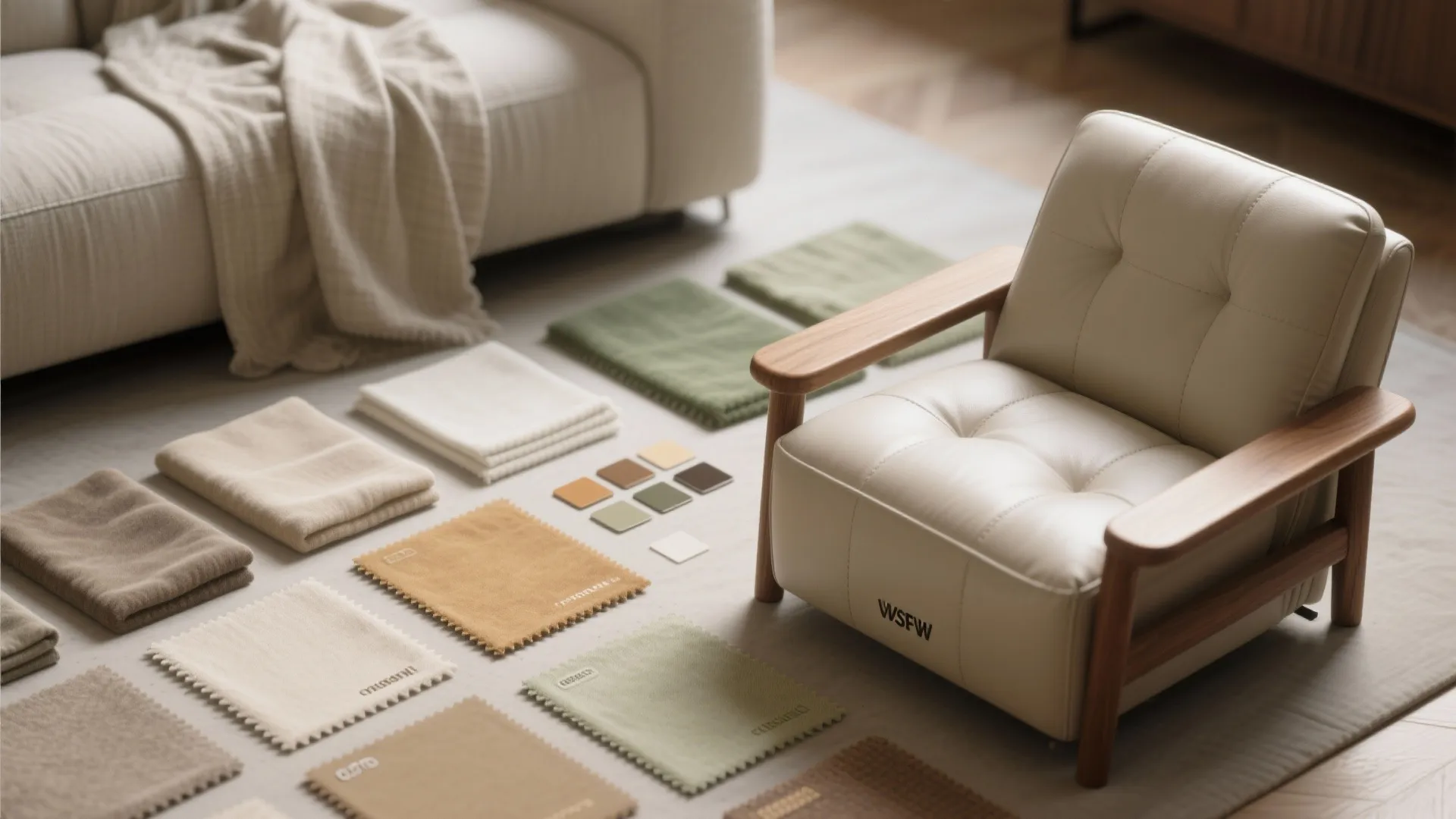 Selection of colorful fabric samples placed on floor near white sofa and leather arm chair