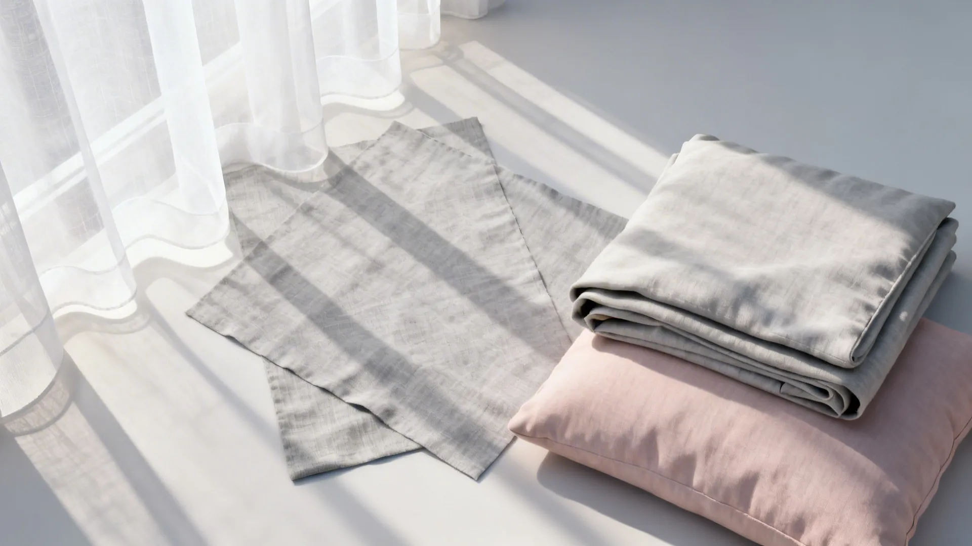 Flatlay of sheer curtain and pale linen fabric samples with soft daylight