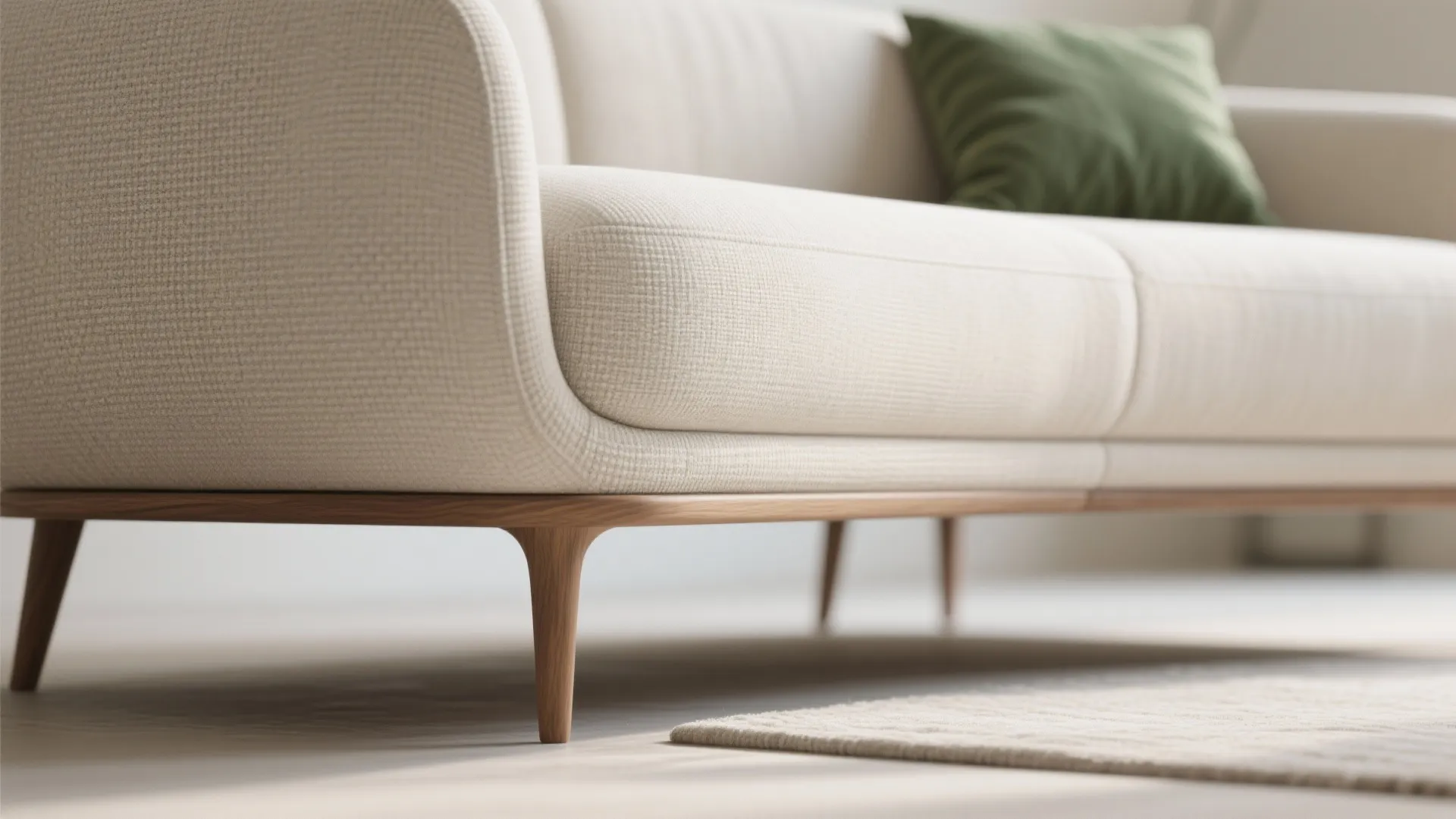 Detail of light performance fabric and exposed legs on a curved sectional, showing weave and clearance.