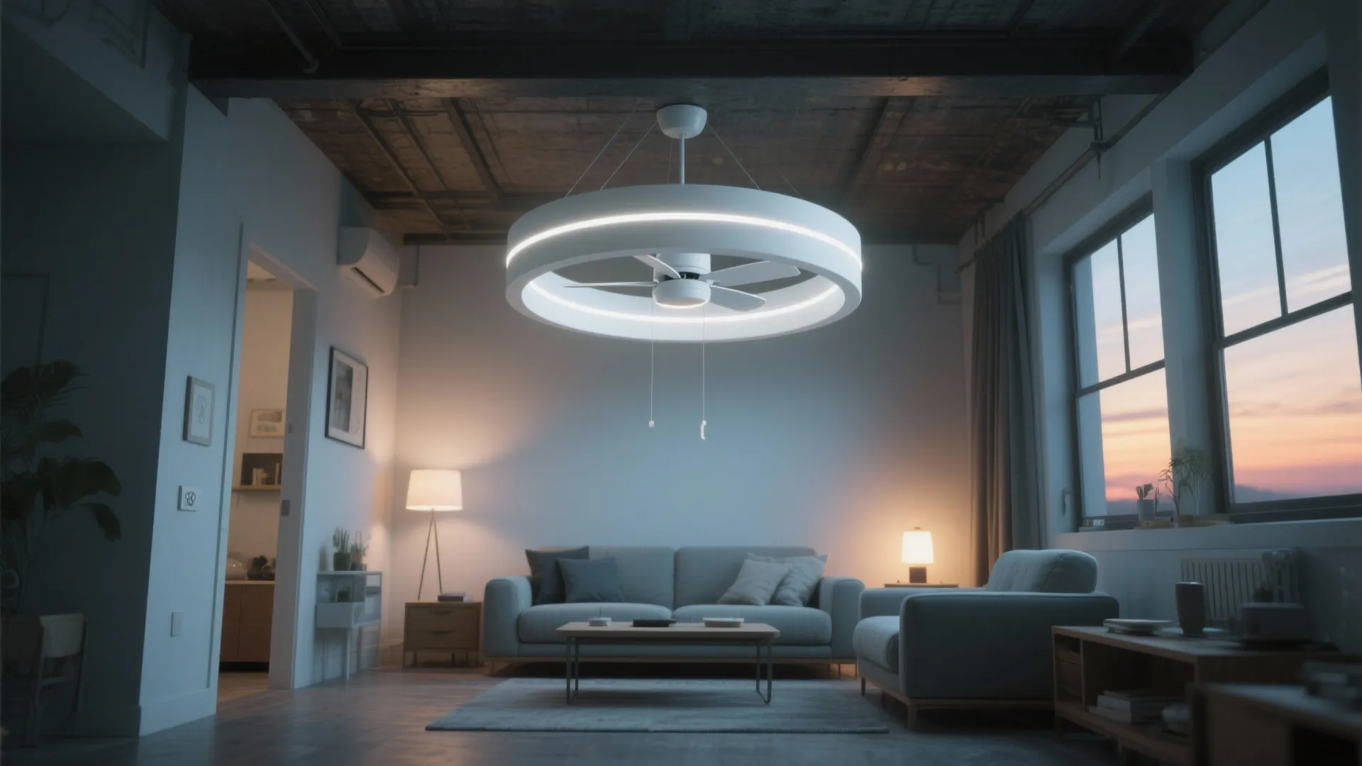 Modern living room with a white circular ceiling light fan above a grey fabric sofa