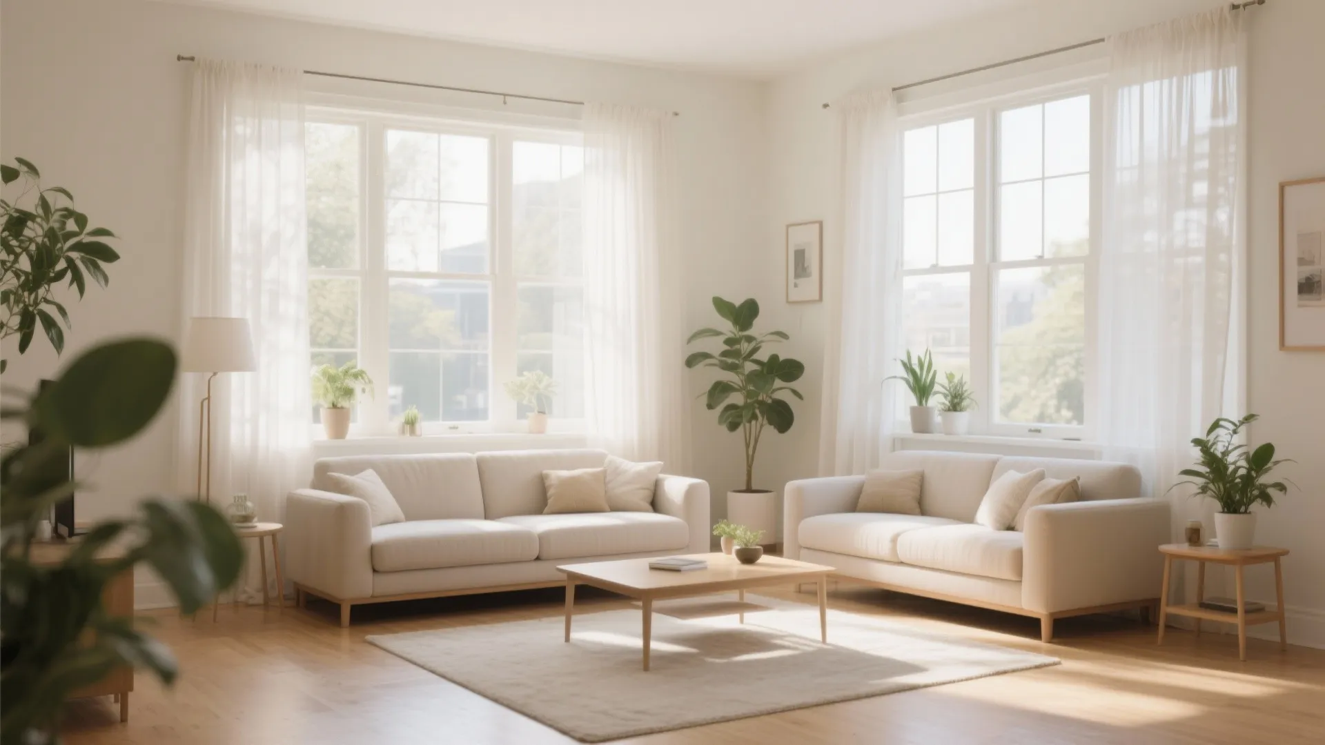 Bright living room with white sofas wooden coffee table large windows white curtains and plants