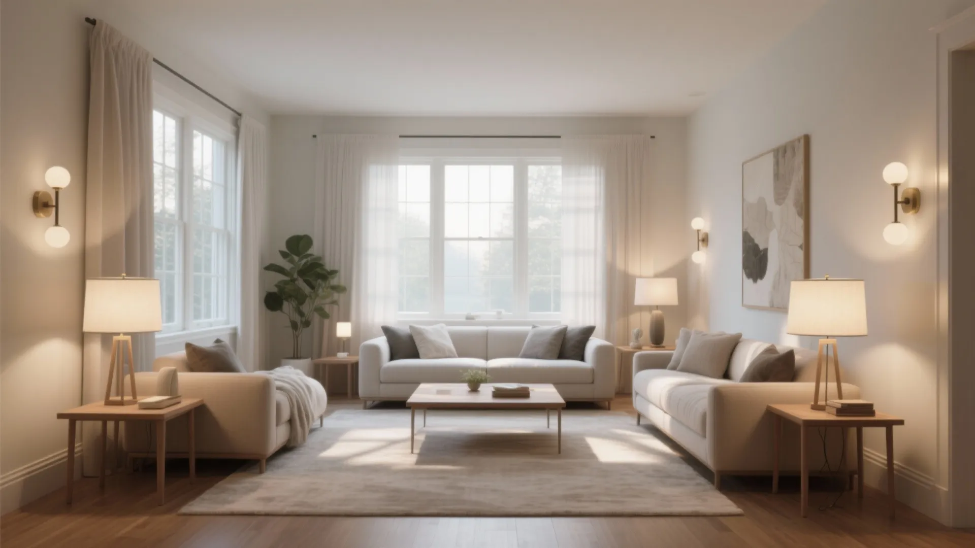 Bright living room with white sofas wood coffee table warm wall lights and large windows
