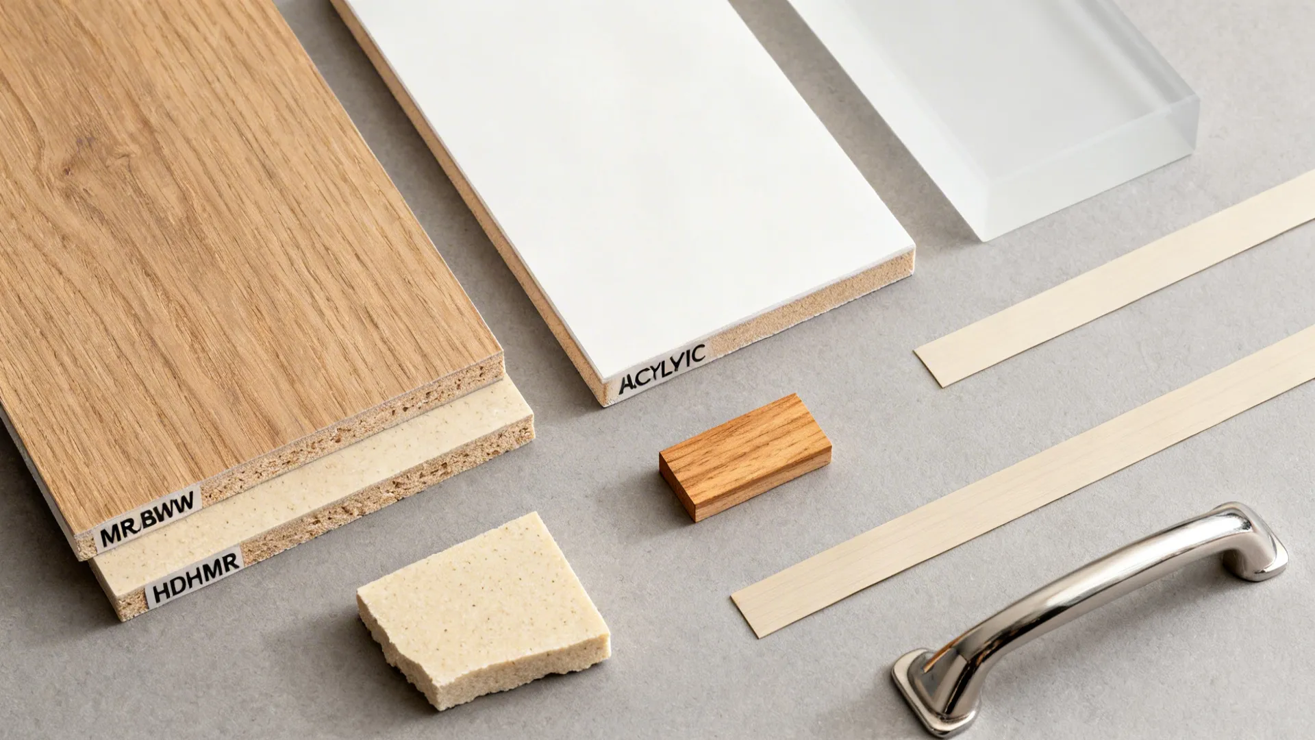 Flat lay of light matte laminates, acrylic swatches, plywood cores, HDHMR, and quartz chip for kitchen design.
