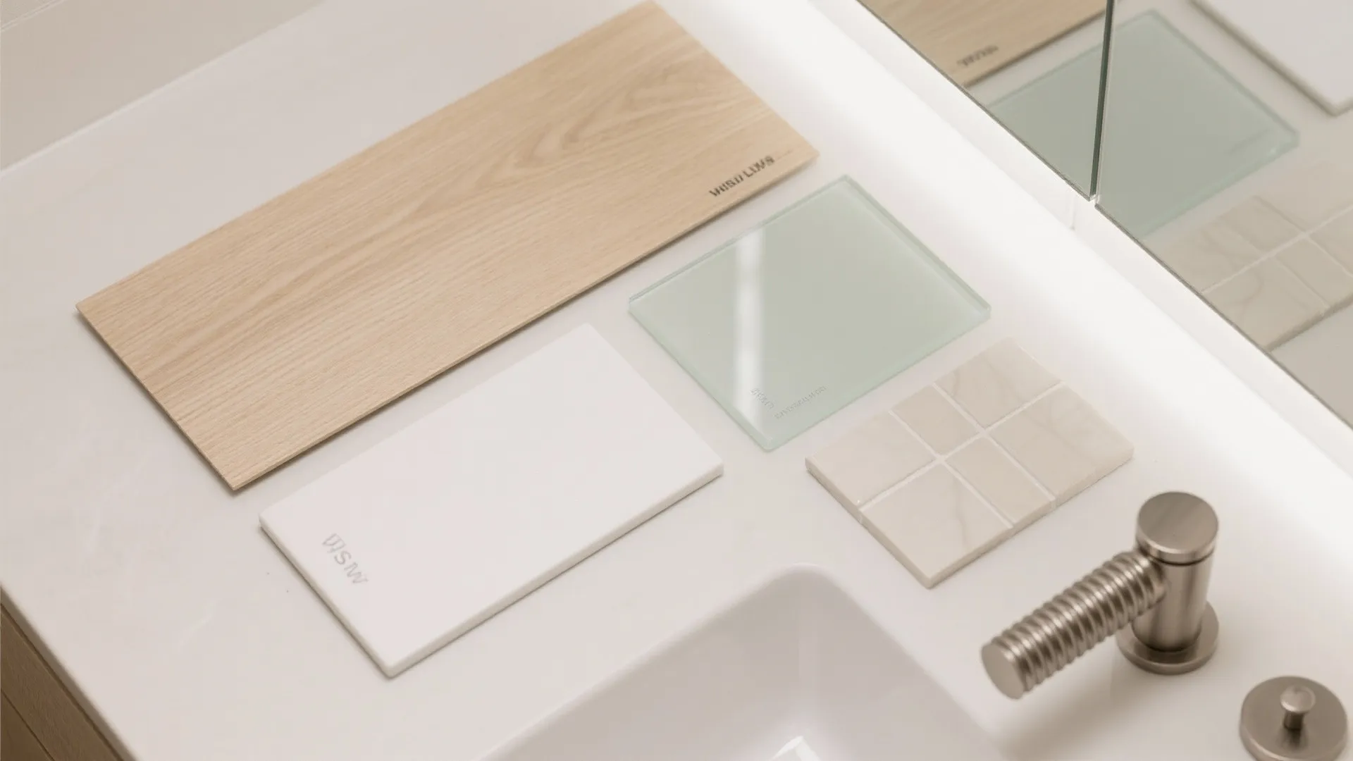 Wood panel and glass tile samples placed on a white bathroom counter with a metal faucet