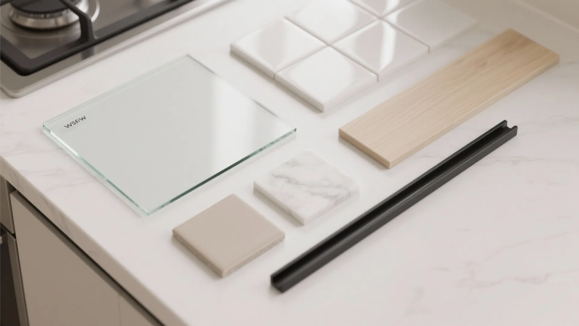 A glass backsplash and light-reflecting finishes