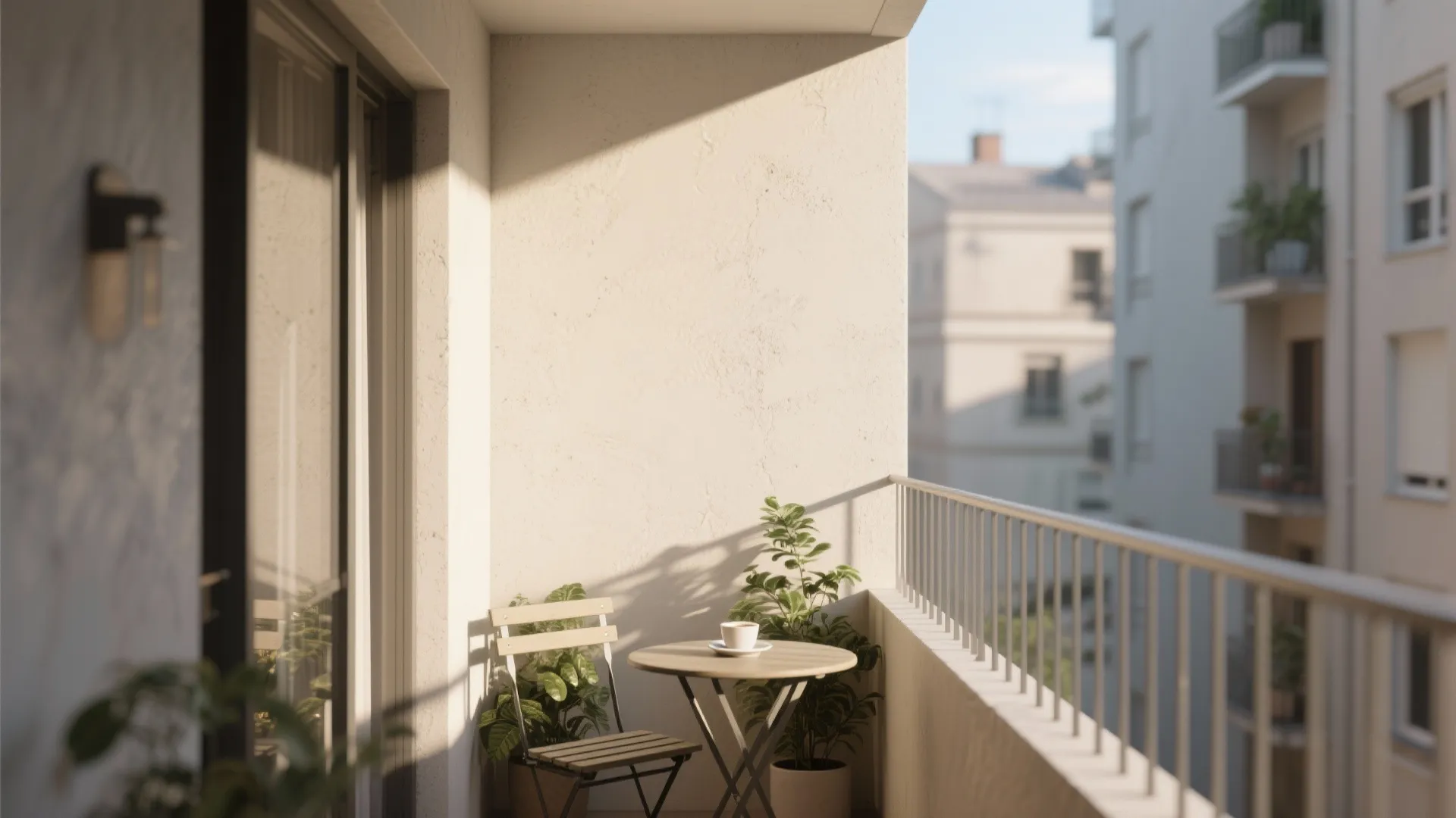 Small apartment balcony with beige wall round table metal chair coffee cup and green potted plants