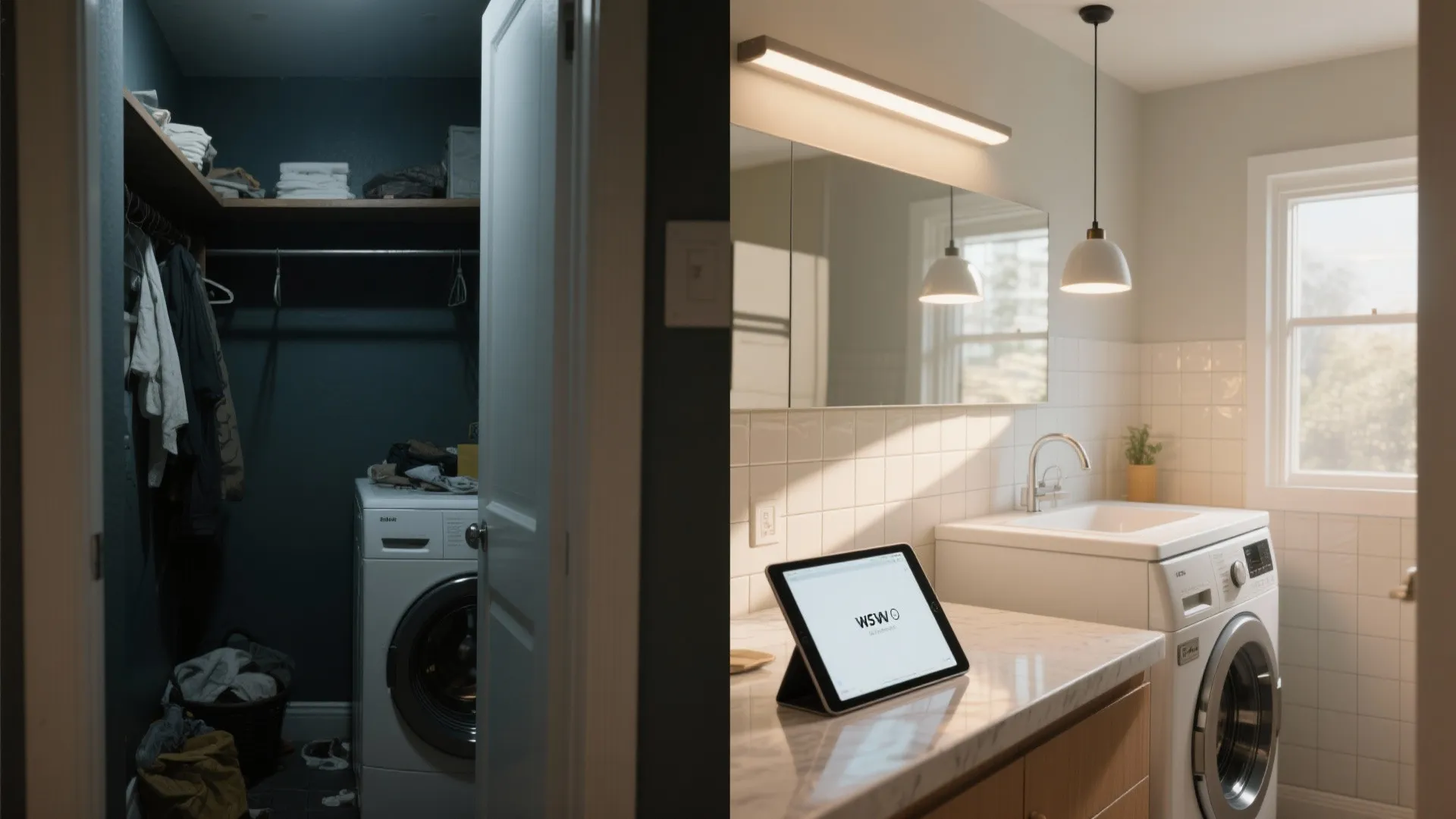 Before and after comparison of a dark messy laundry room transformed into a bright modern space