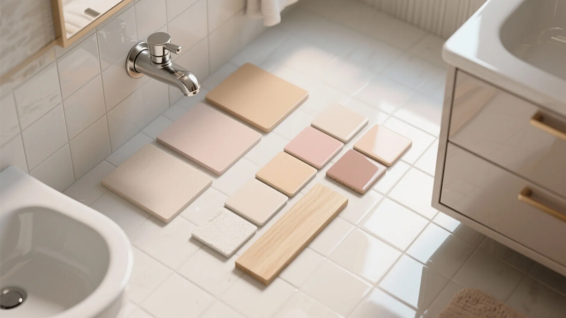 Selection of colorful square tile samples and wood piece on a white tiled bathroom floor