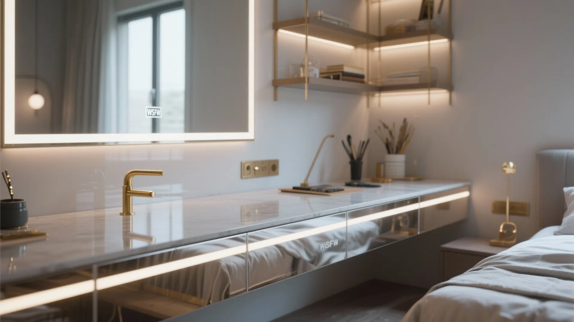 Luxury marble counter with gold faucet glowing mirror shelves and warm light in modern bedroom setting