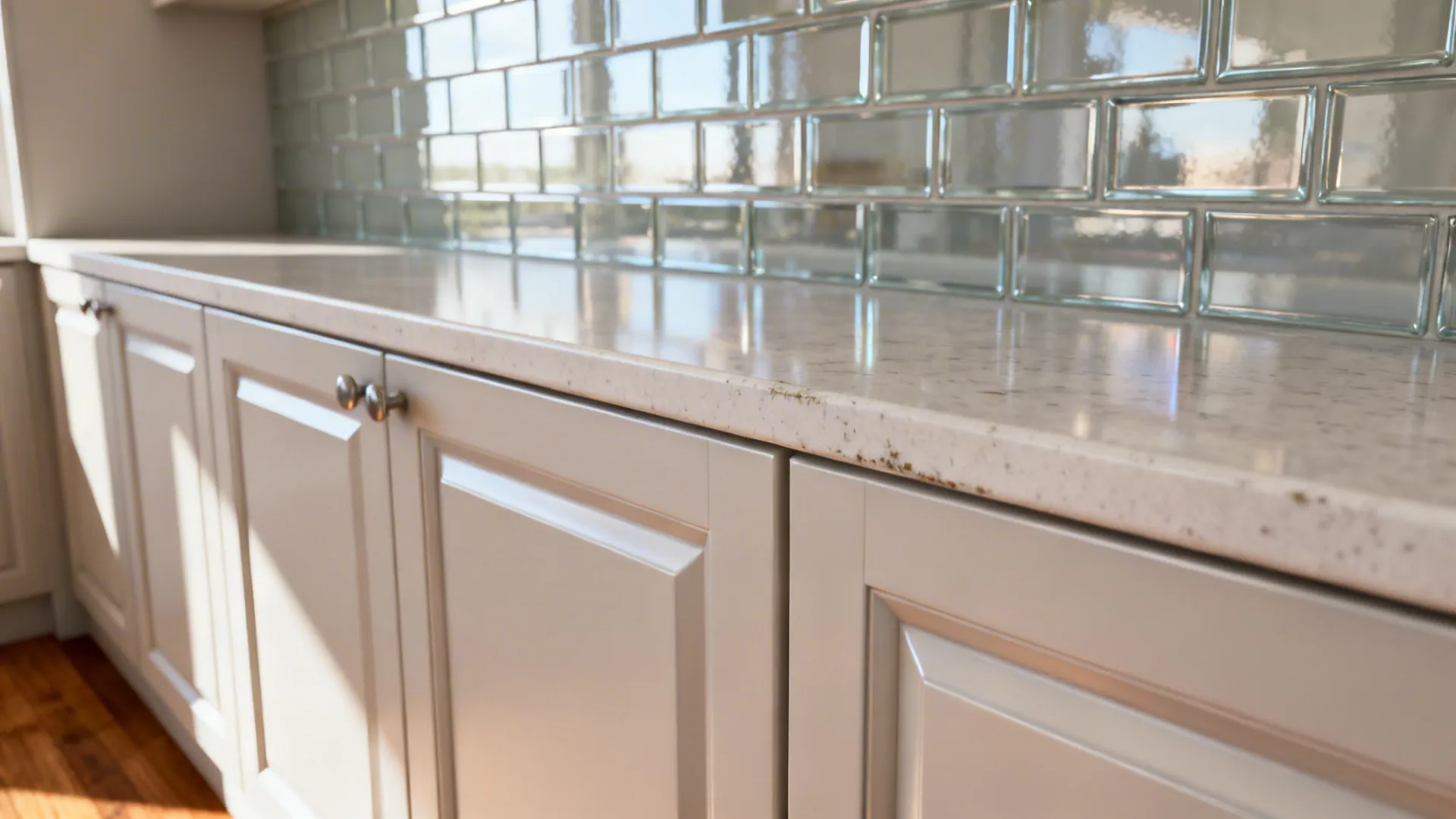 Pale satin cabinets and a polished glass backsplash that bounce light and visually expand the kitchen.