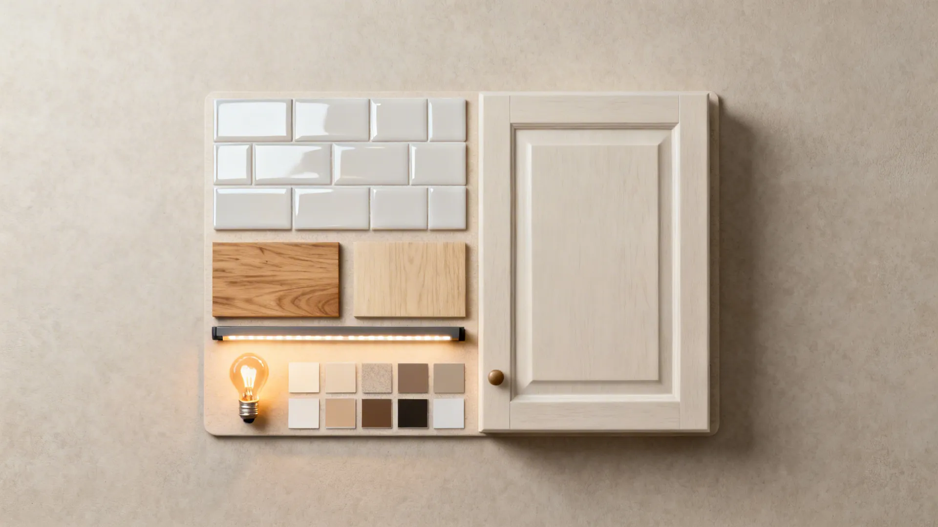 Material flatlay of light reflective finishes and lighting samples for a small kitchen design