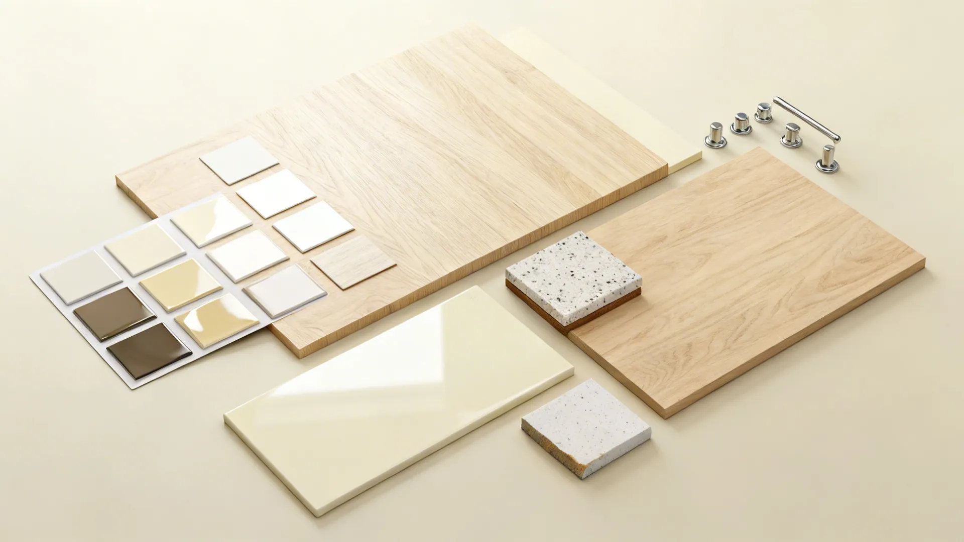 Top-down view of paint chips, wood veneer, and hardware samples for a light kitchen finish