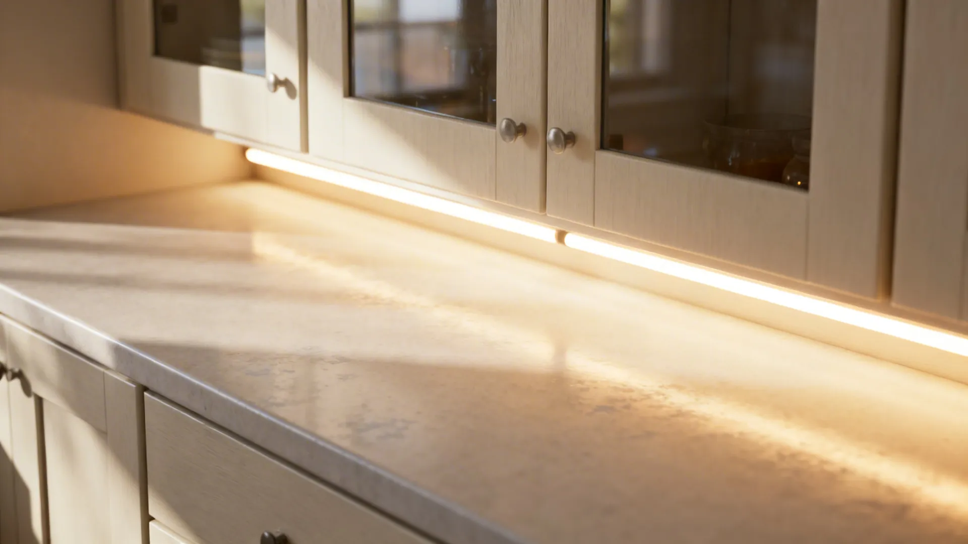 Light-colored cabinets with under-cabinet LED lighting reflecting on the counter.