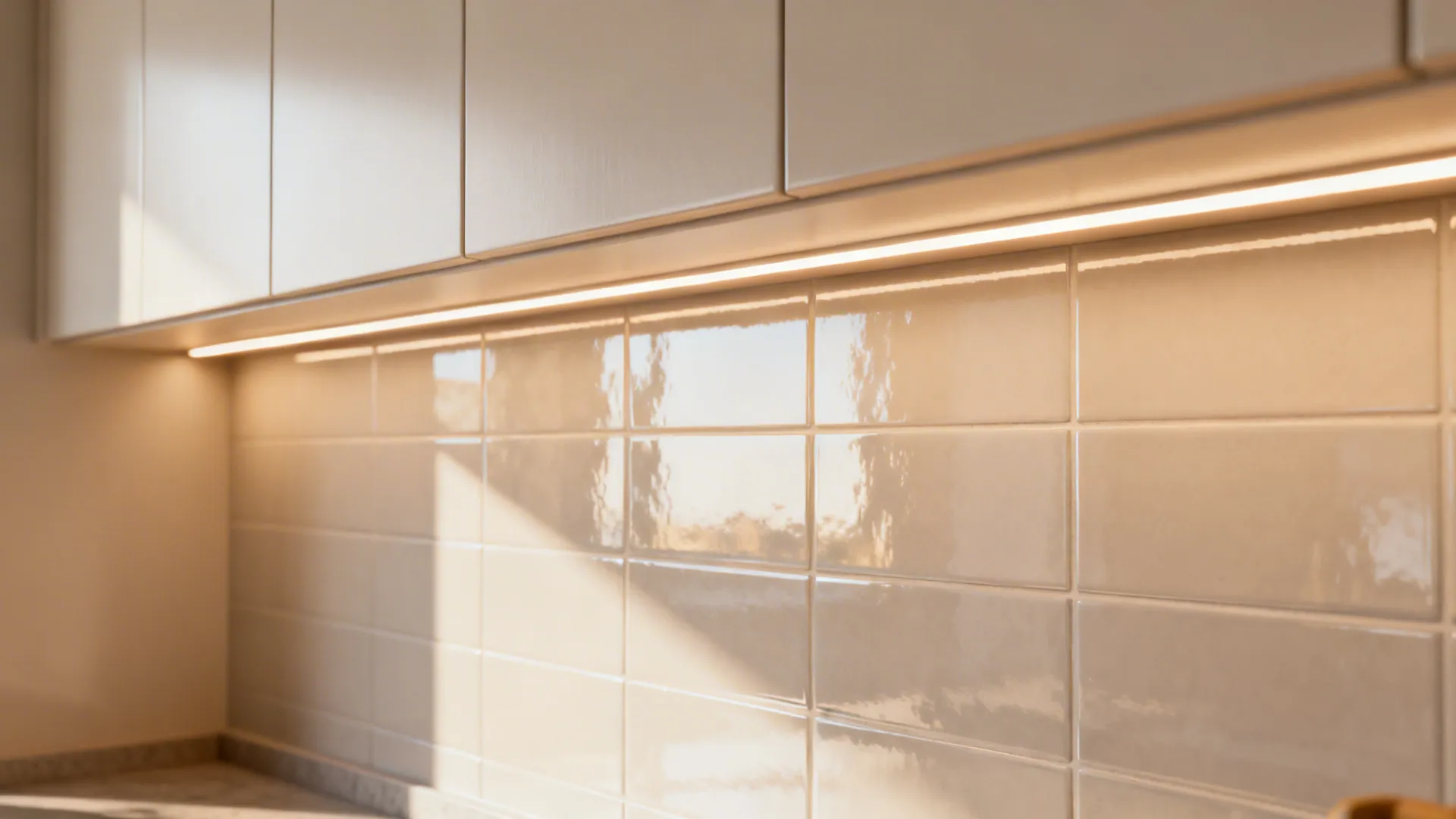 Light reflective backsplash and under-cabinet lighting brightening a compact kitchen workspace.