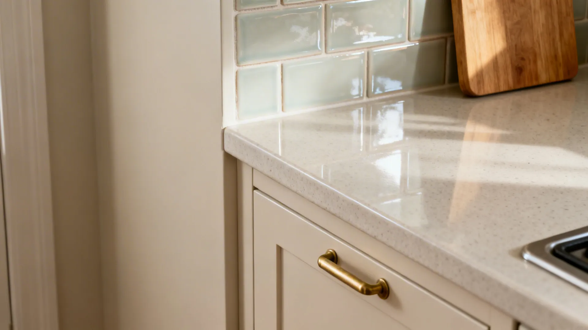 Close-up of satin pale cabinet, glazed tile backsplash, matte quartz, and brushed brass pull.