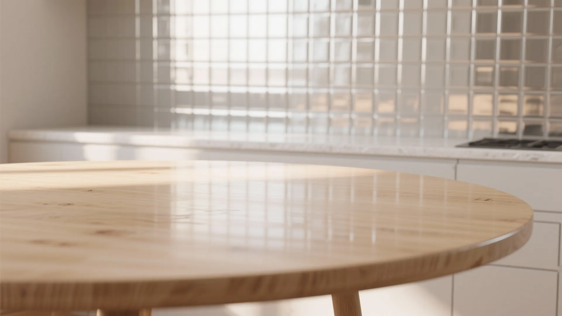 Close up of a round wooden dining table with a shiny reflective surface in kitchen
