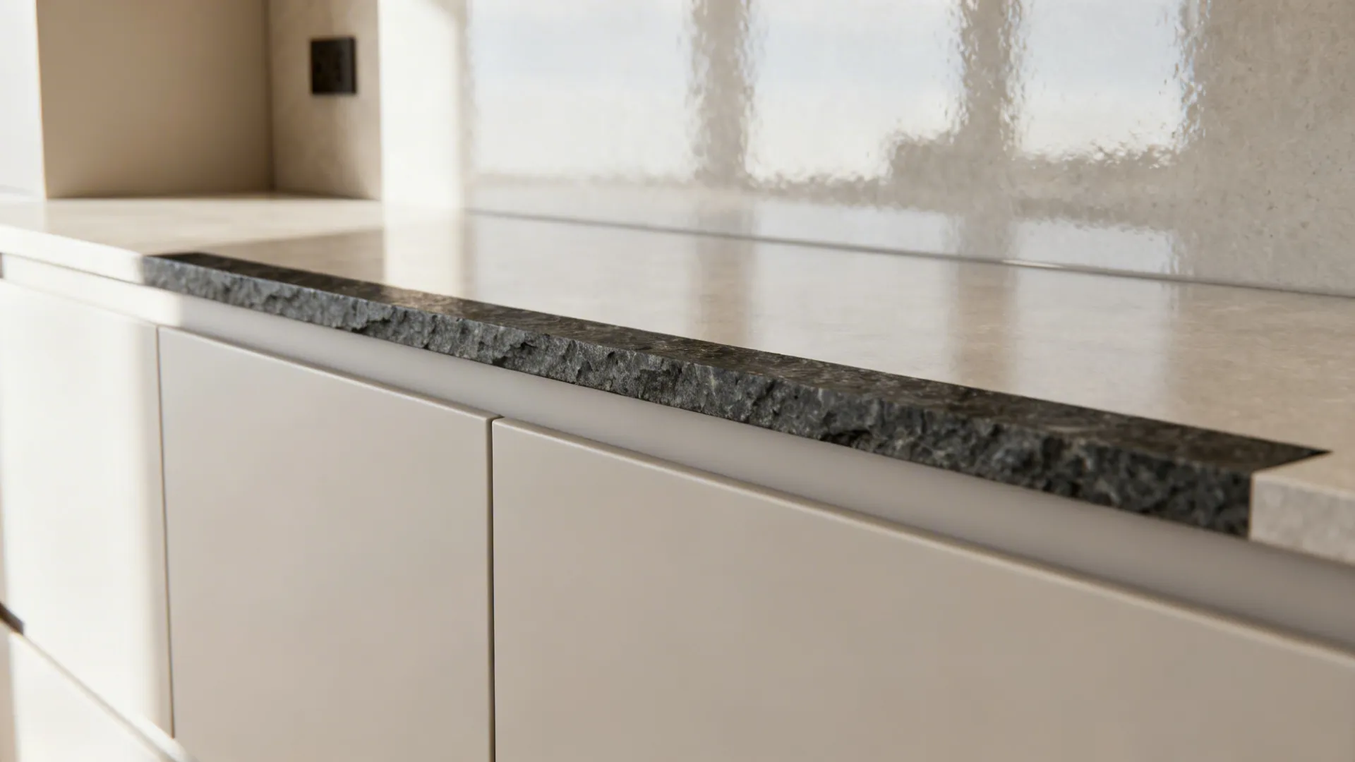 Light cabinet finishes paired with a single darker textured worktop as the room's anchor.
