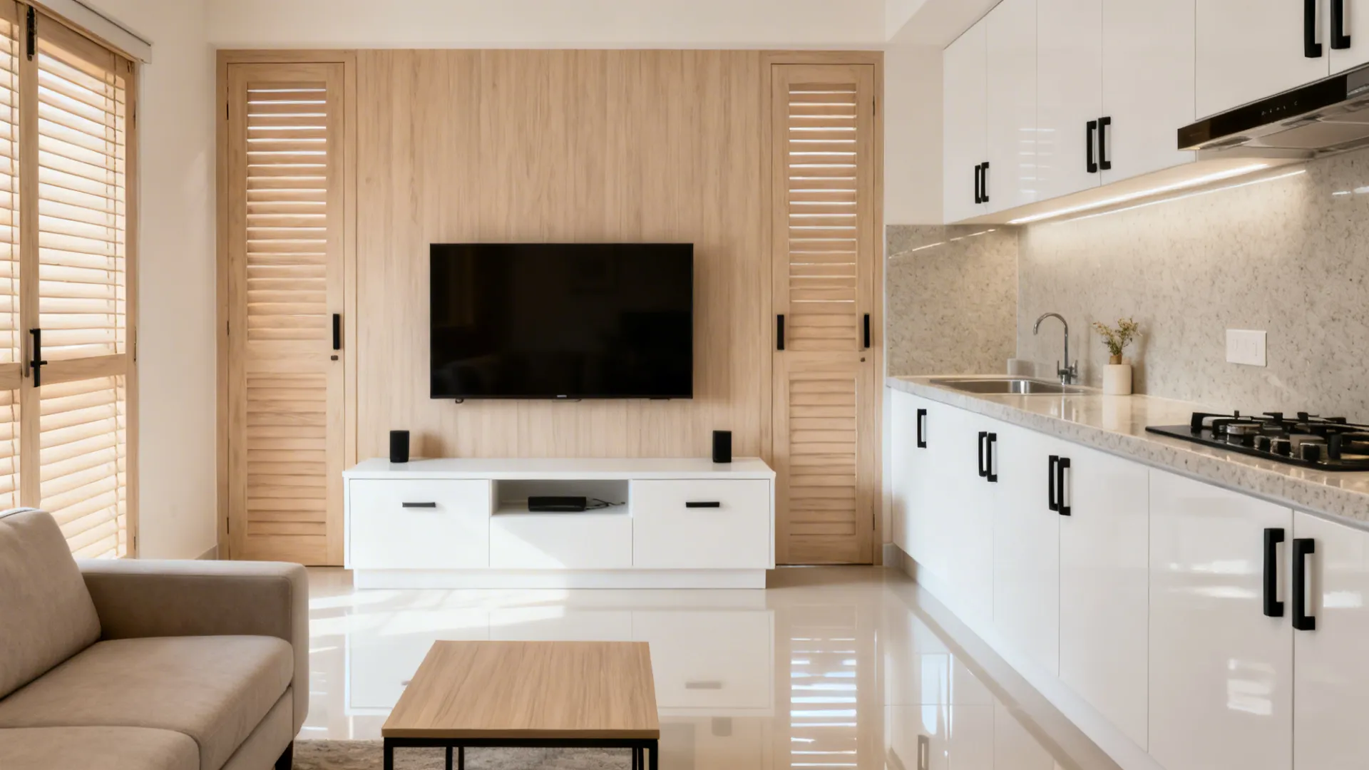 Small Indian living room with attached kitchen in pale ash wood and satin-white finishes for a brighter, wider feel.