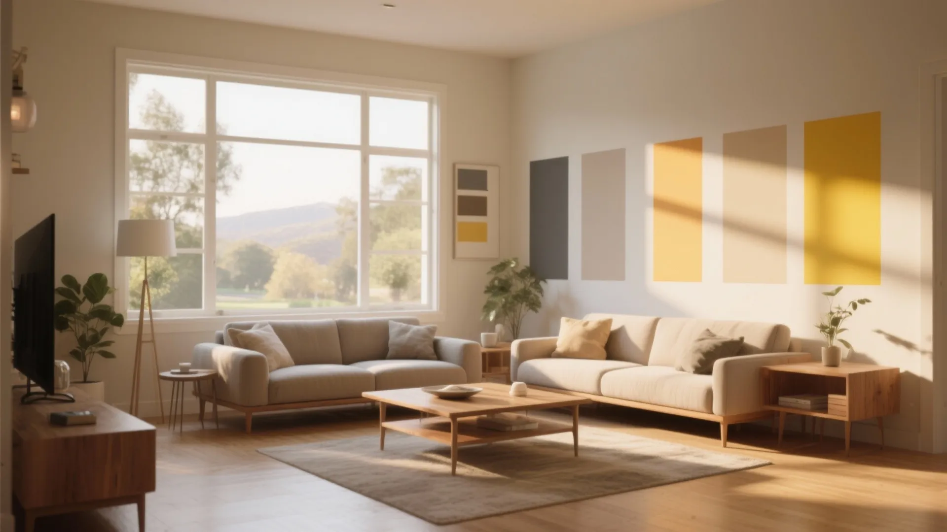 Modern living room with beige sofas wooden coffee table and yellow paint samples on the wall