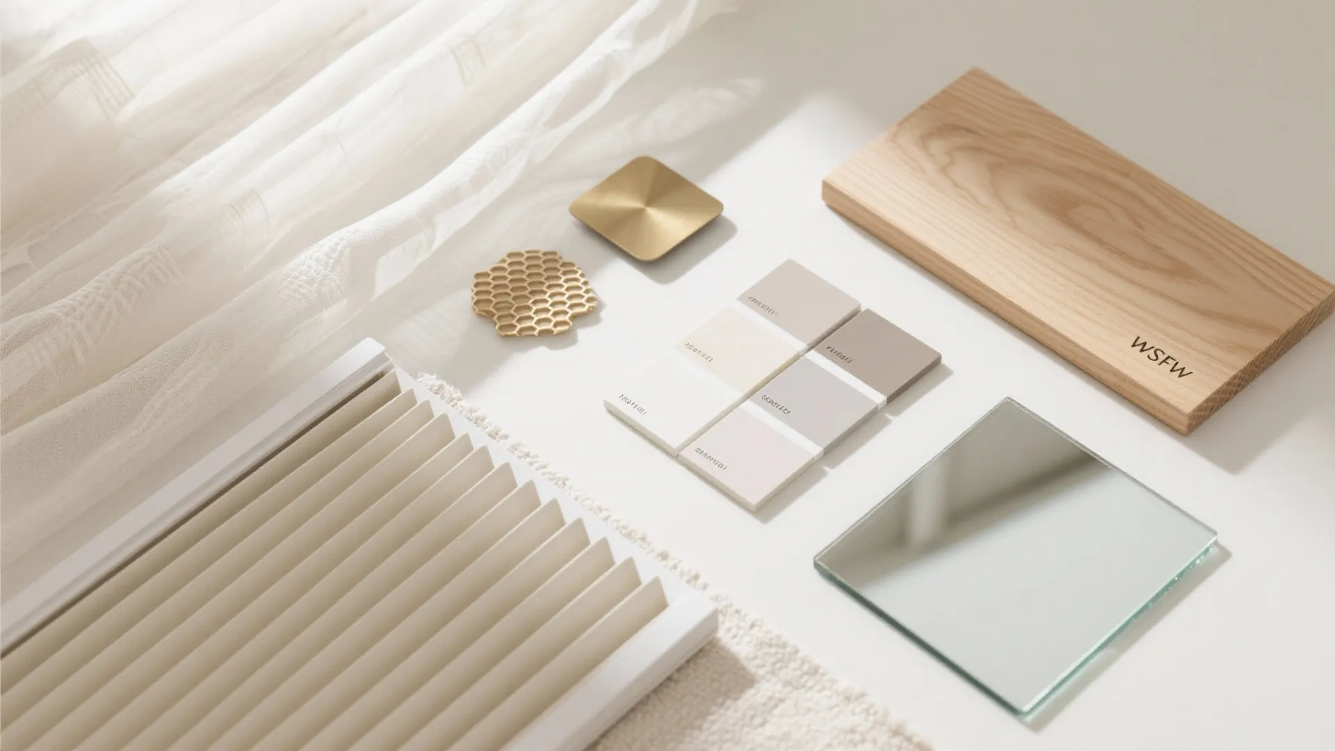 Interior design material board with wood samples fabric swatches metal pieces and a small square mirror