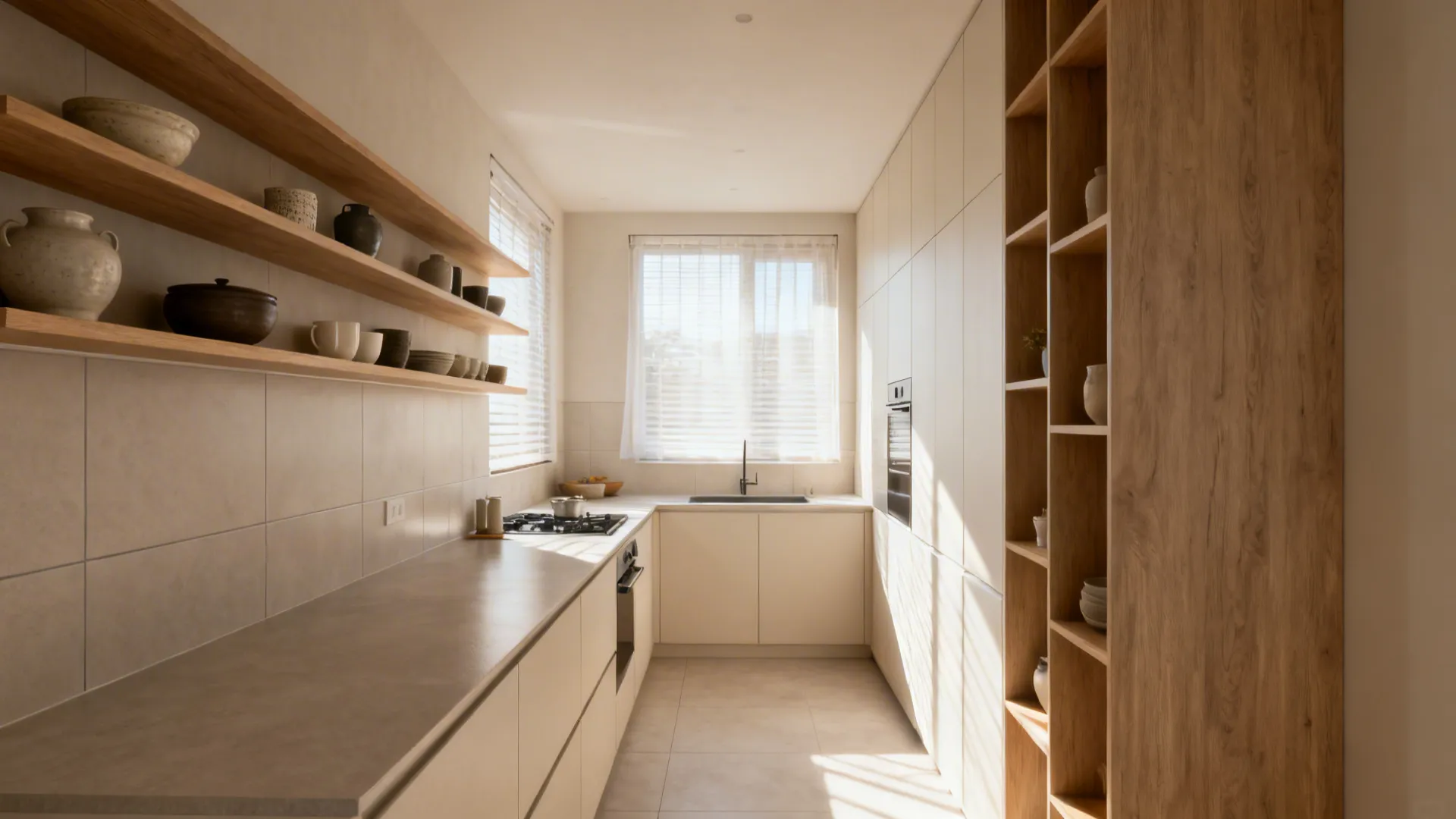 East-facing kitchen with open east wall shelves and soft morning light highlighting light finishes.