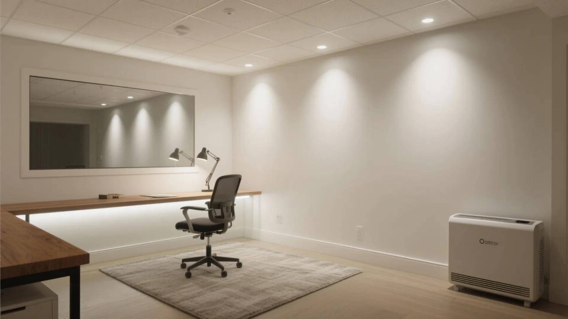 Modern home office with wood desk, black chair, grey rug, ceiling lights, and white walls