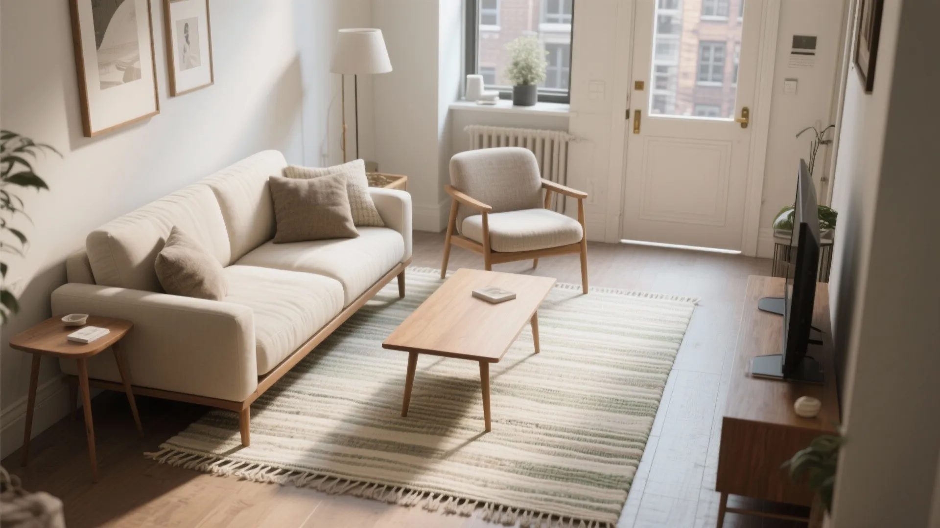 Minimalist living room featuring cream sofa, wooden coffee table, striped rug, armchair and wooden cabinet