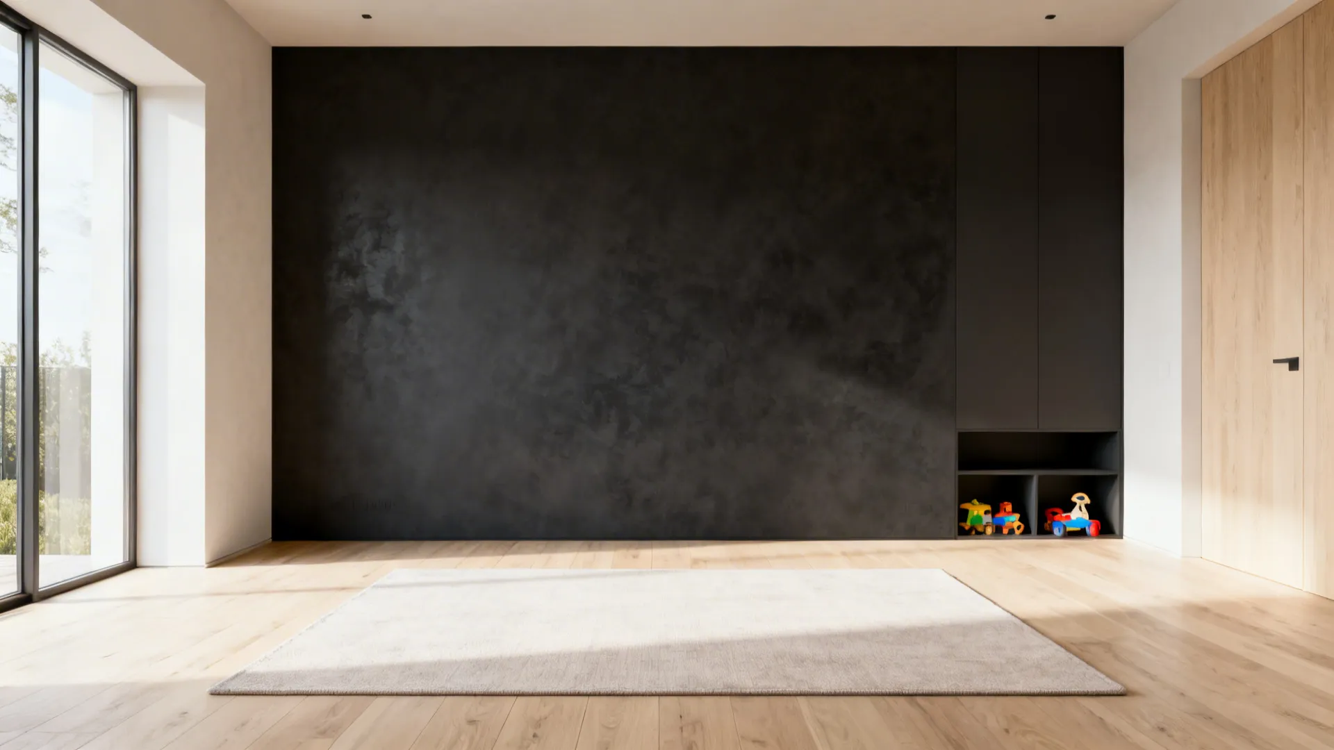 Light oak flooring and pale rug balancing a charcoal feature wall in a living room.