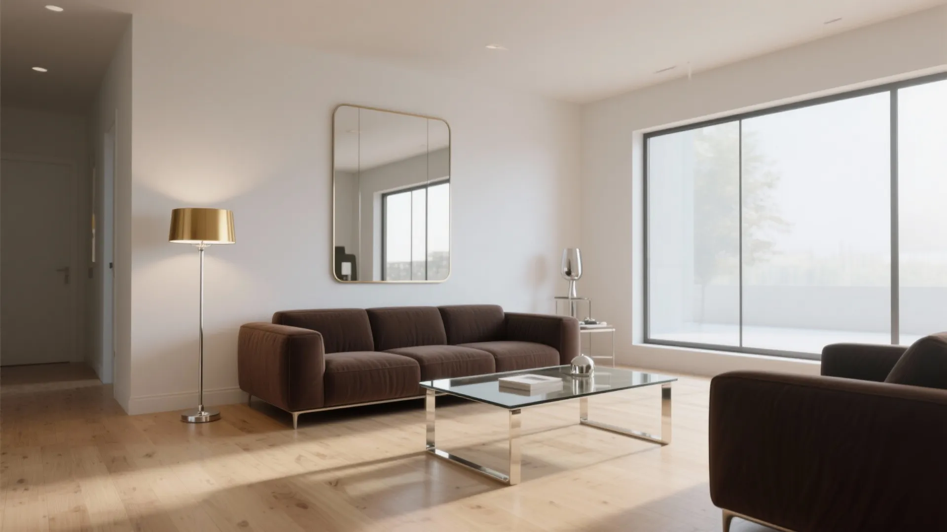 Dark brown sofa on pale oak floor with mirror and glass surfaces that enlarge the space.