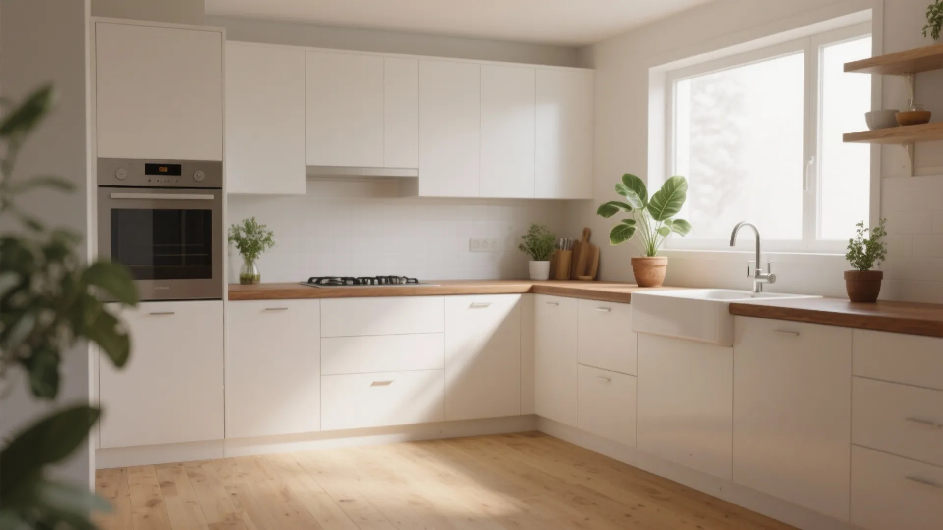Bright white kitchen with wooden floors and green plants on the wood countertop by window