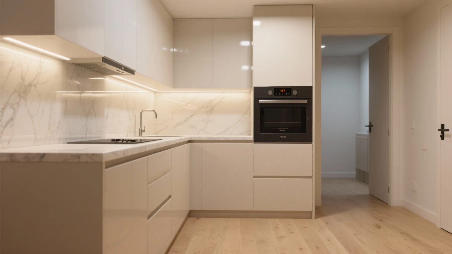 Cream kitchen cabinets with marble wall, built in oven, light wood floor, and open doorway