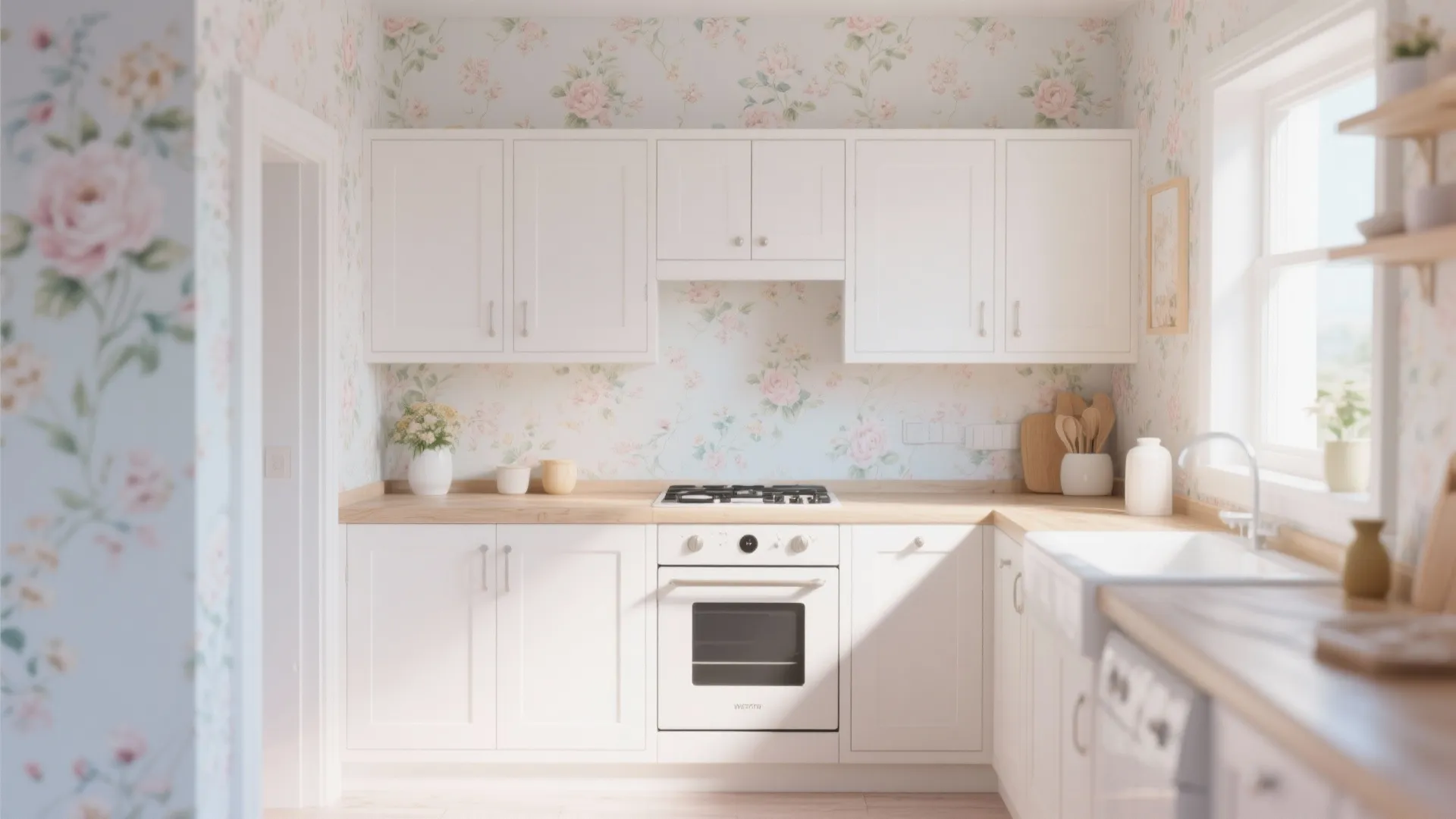 Bright white kitchen with floral wallpaper wood countertop white cabinets oven sink and natural light