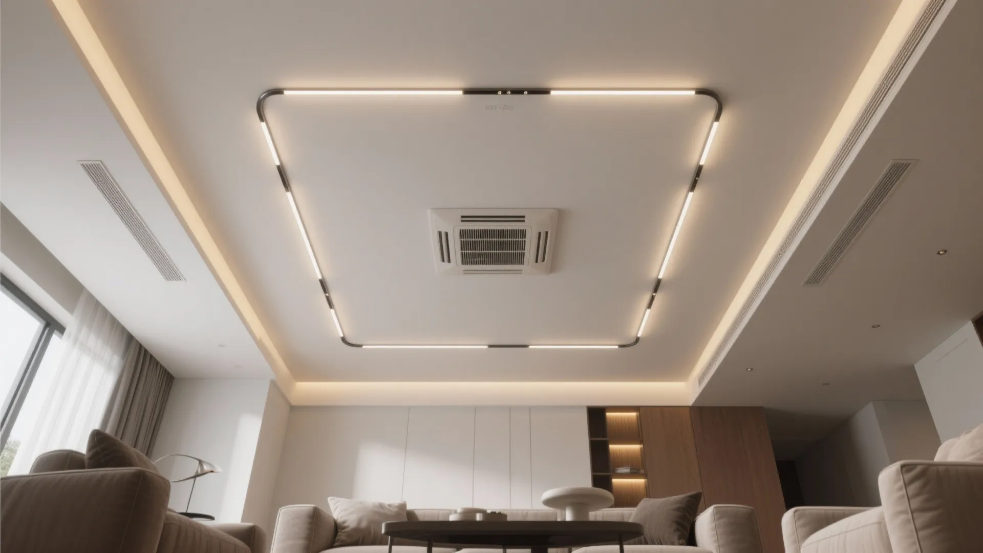 Modern living room featuring a square light fixture on the ceiling above a beige sofa