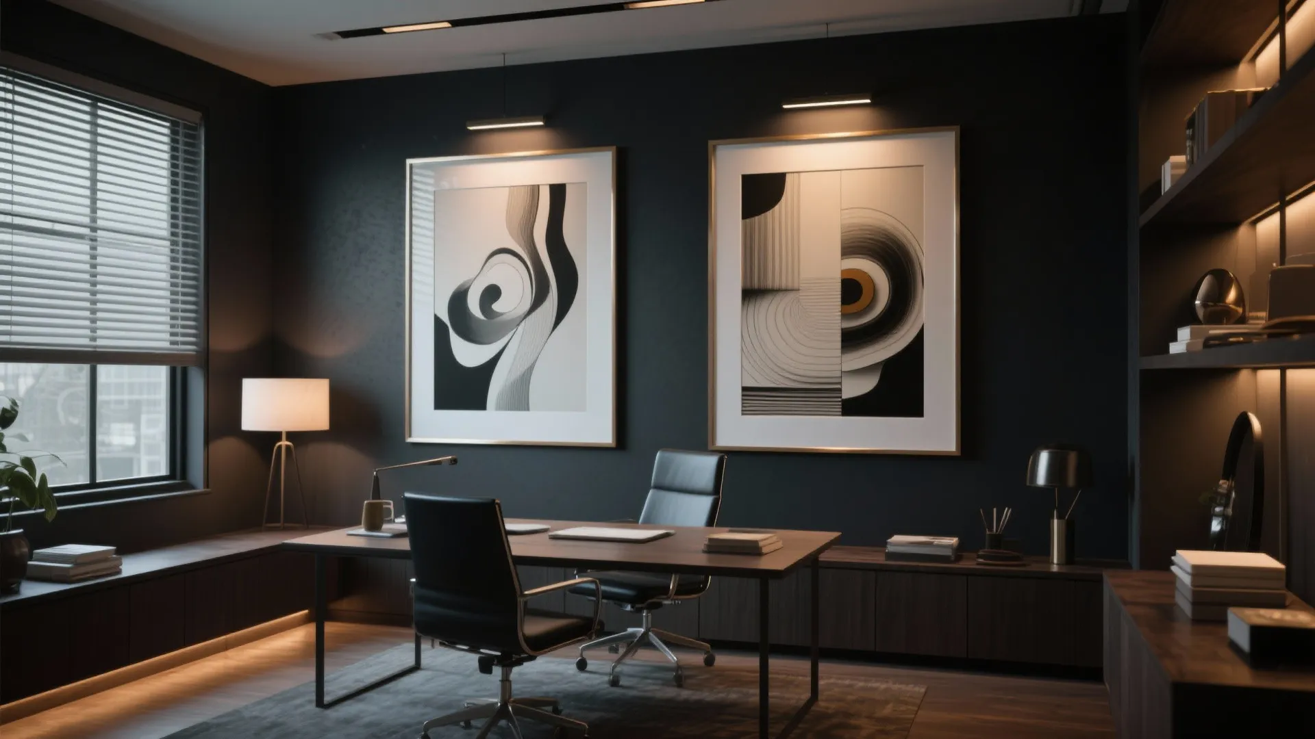 Stylish dark office room with two large framed wall art pieces wooden desk and chairs