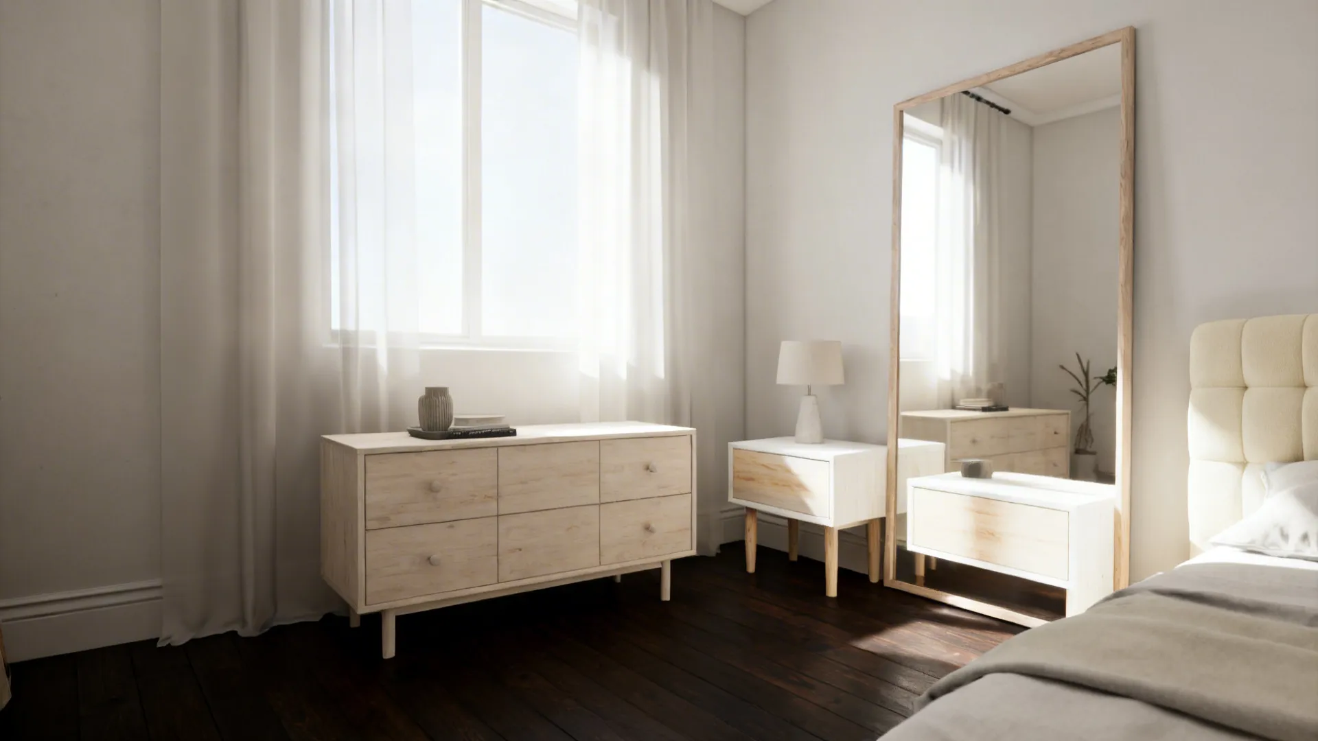 Small bedroom with dark hardwood floors lifted by white oak and cream furniture.