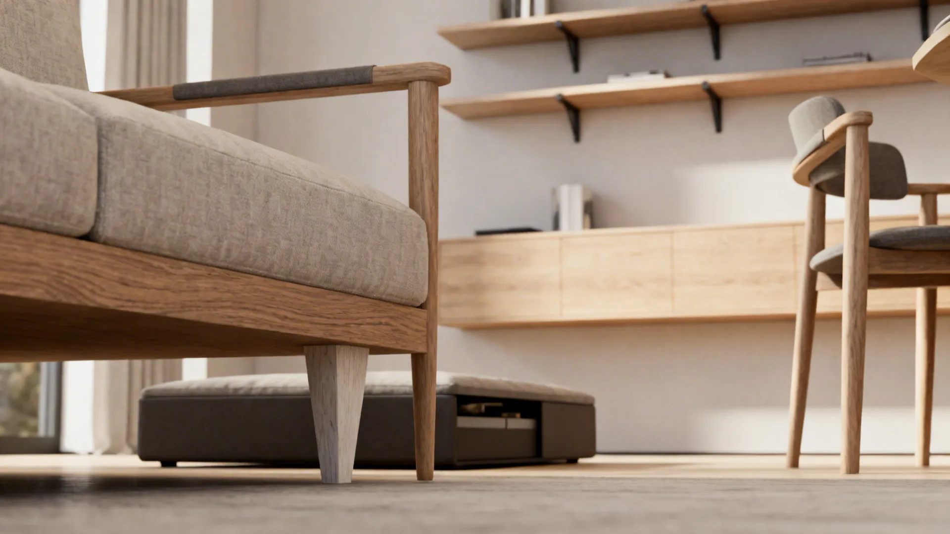 Close up of wooden sofa legs with floating wall shelves and chair in the background