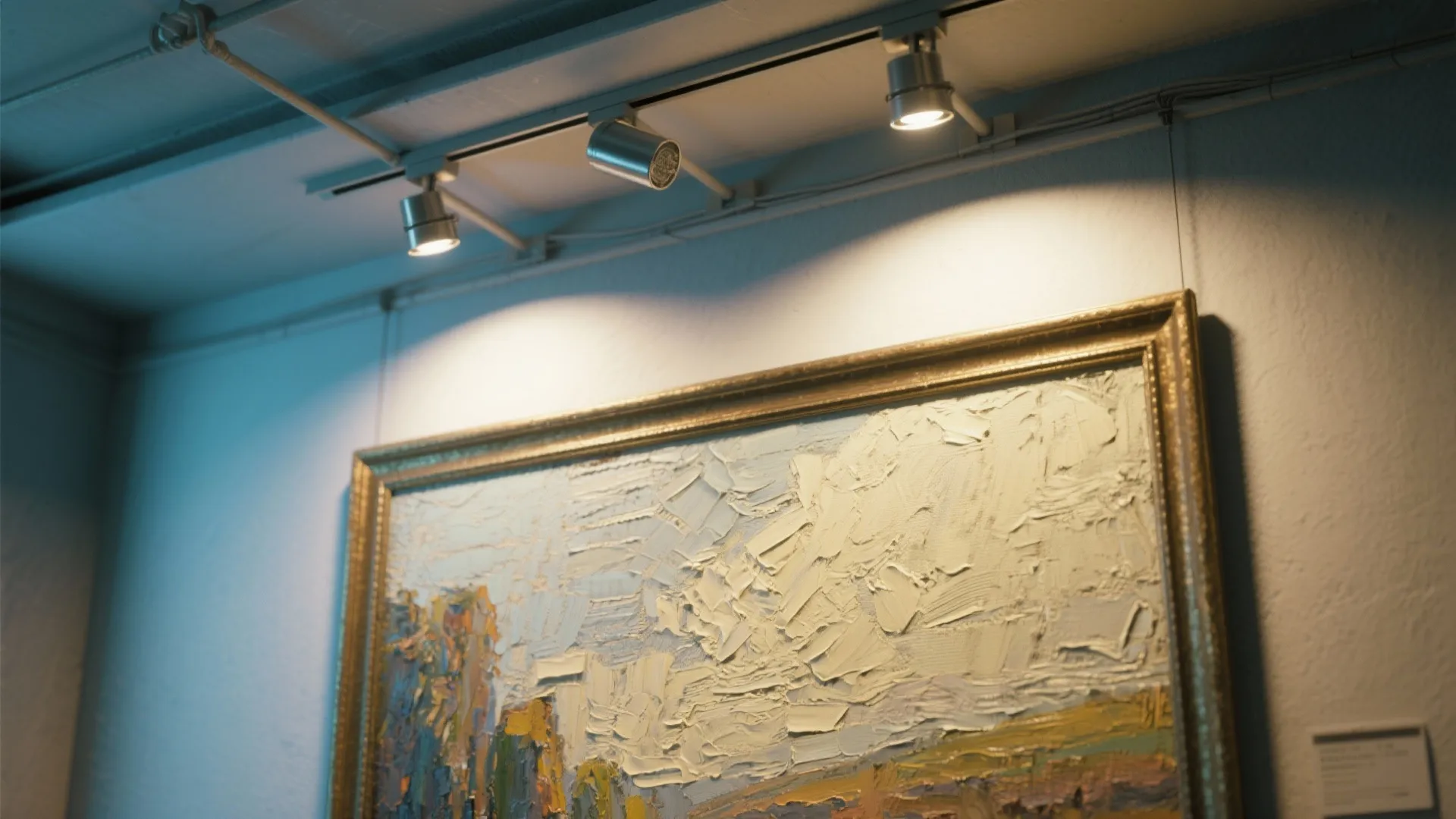 Detail of a textured painting highlighted by adjustable picture light and directional track lighting to show texture without glare.
