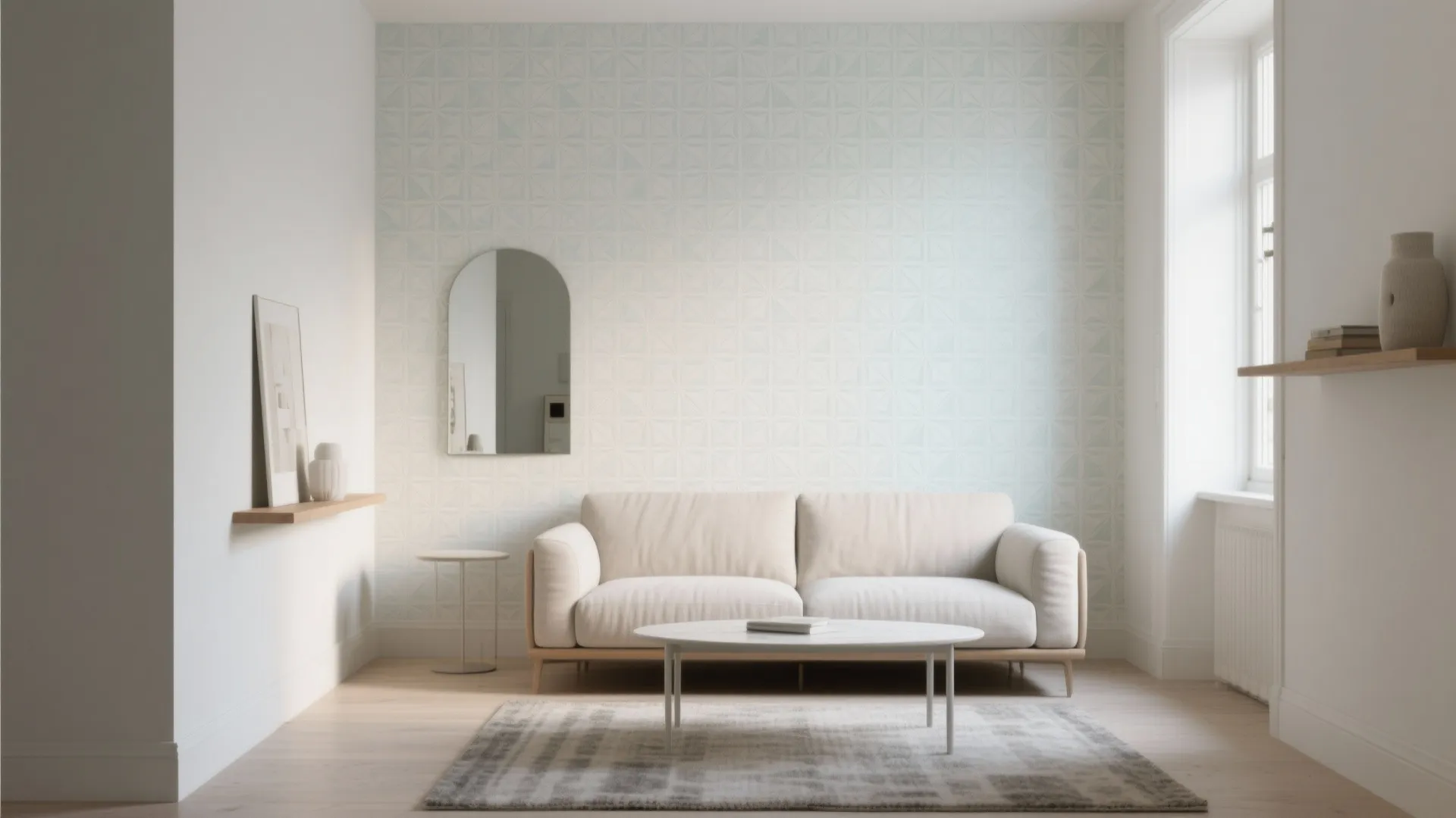 Compact living space with pale micro-geometric wallpaper that brightens and softens corners.