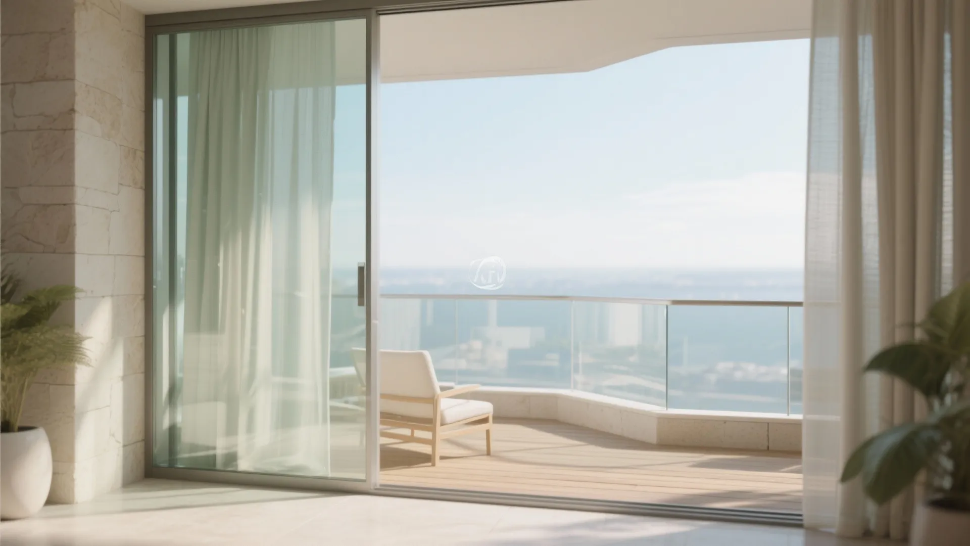 Modern balcony with glass railing a white chair wooden floor and ocean view through sliding windows