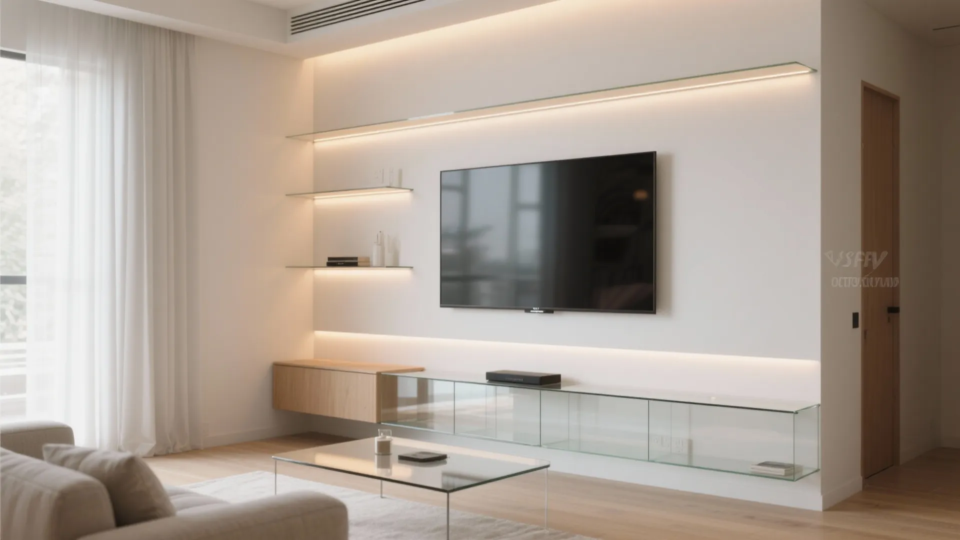 Modern living room with glass shelves wall mounted television clear coffee table and soft curtains