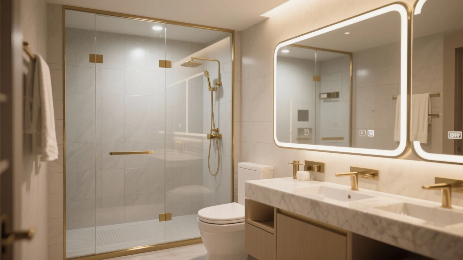 Modern bathroom interior design with glass shower door gold faucets marble sink and led mirrors