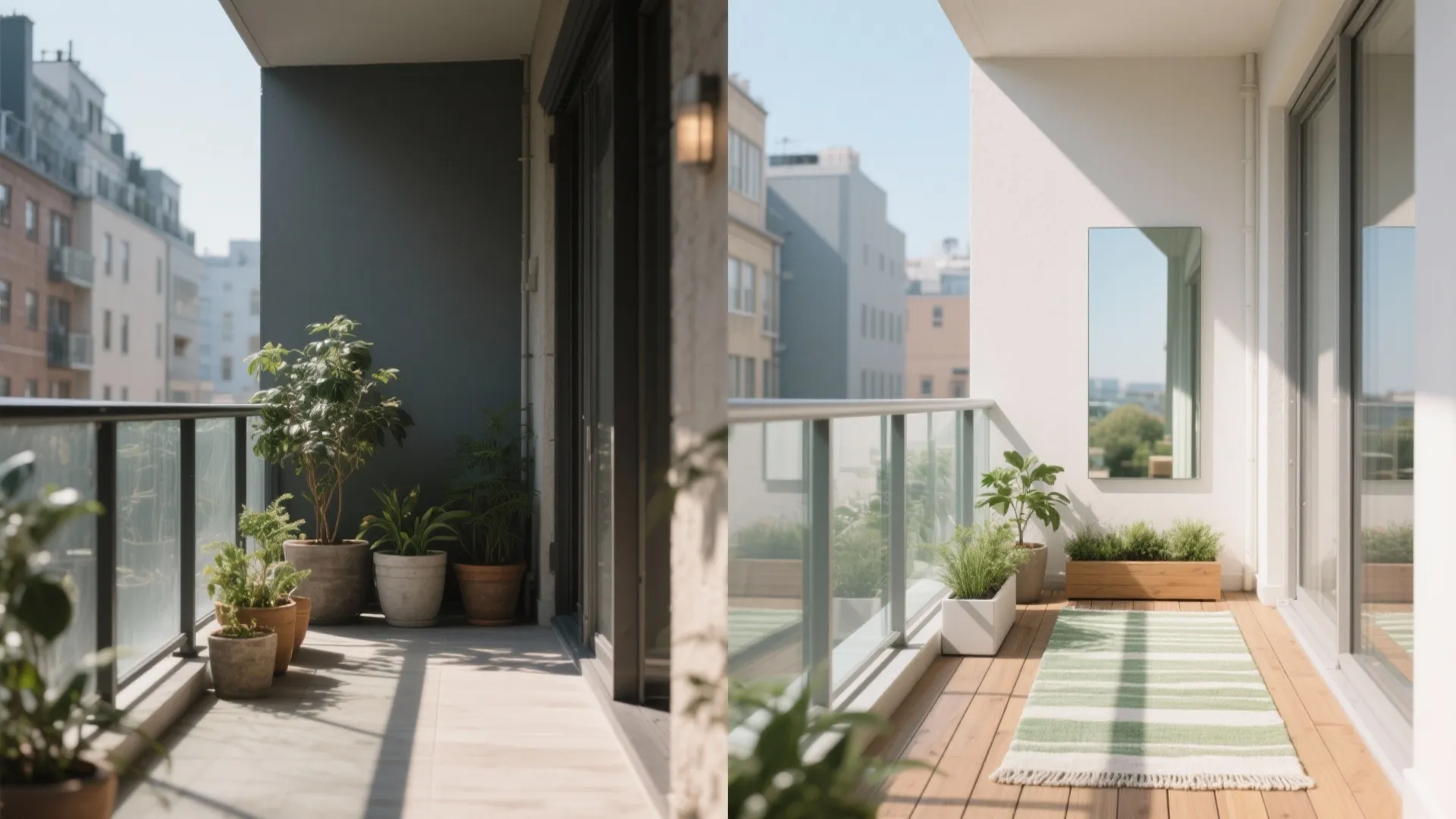 Side-by-side comparison of two narrow balconies showing different potted plant arrangements and outdoor flooring options