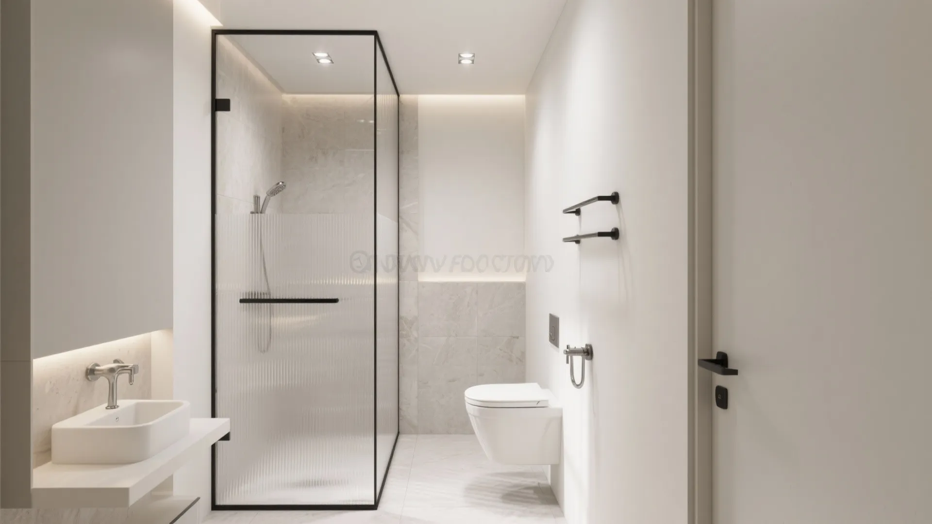 Small bathroom wet room with wall-mounted toilet and clear glass panel in a soft greige palette under bright natural light.