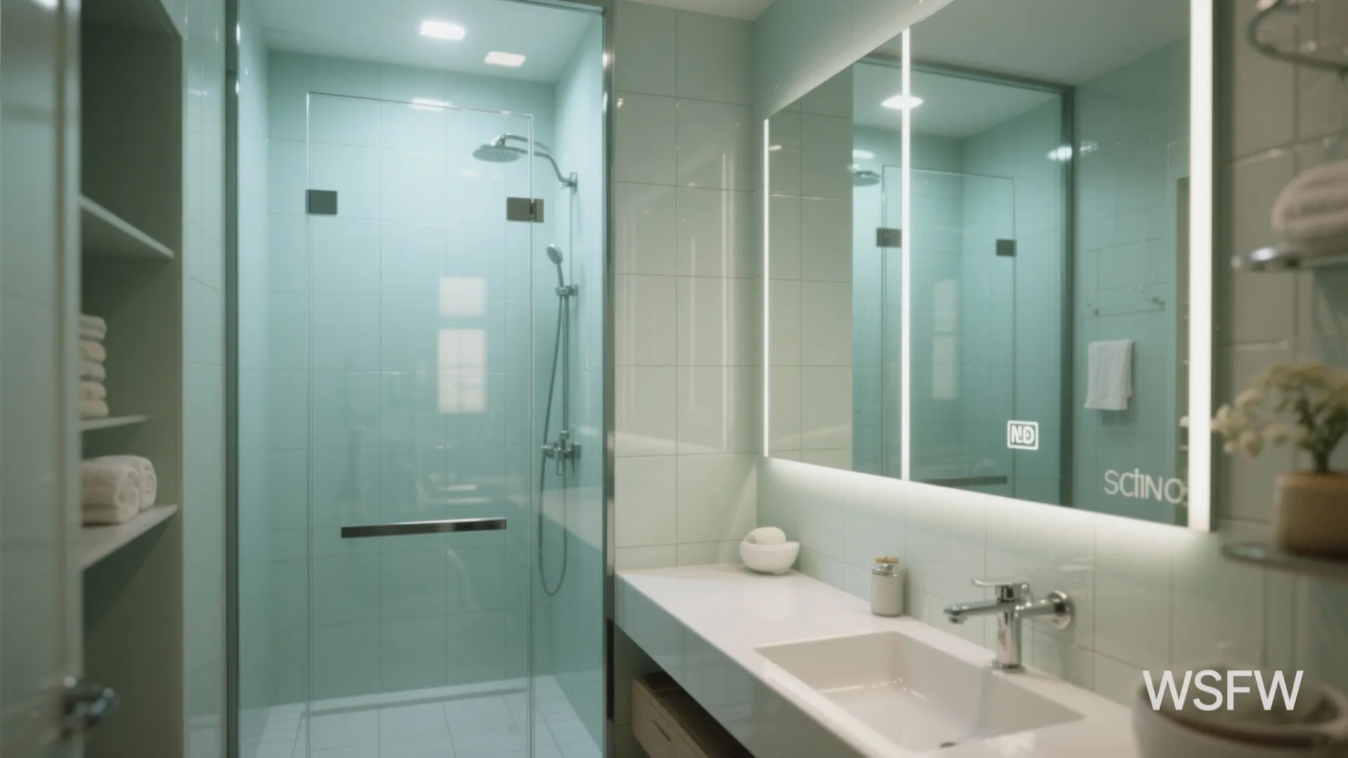Modern bathroom with glass shower door light blue wall tiles white sink and lighted mirror
