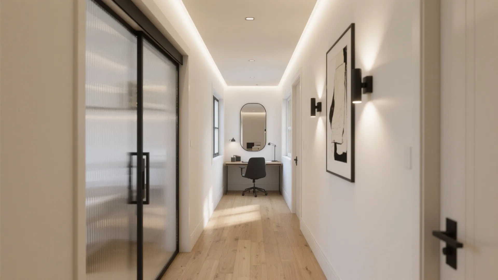 Layered light, glass, and mirrors that borrow space