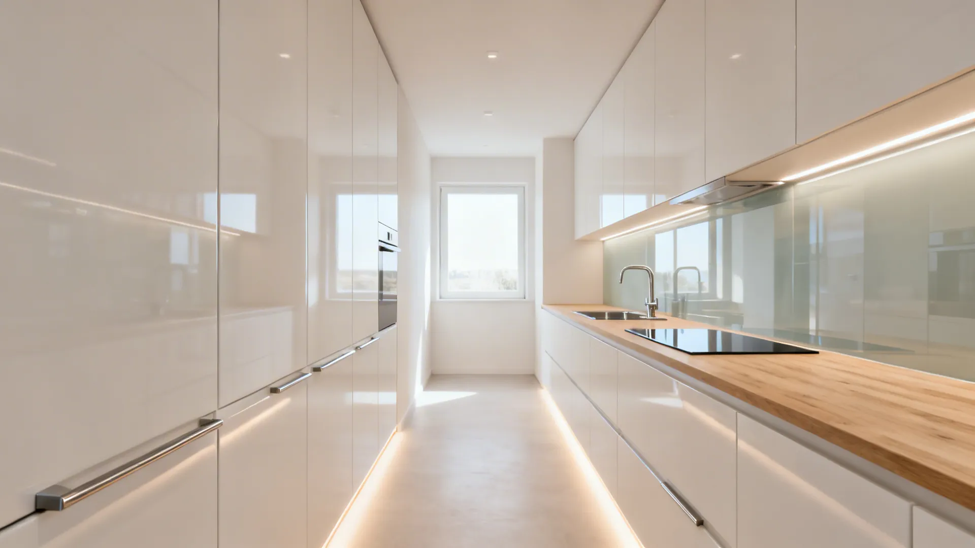 Warm-white glossy laminate galley kitchen with pale oak counter and toe-kick lighting that visually widens the space.